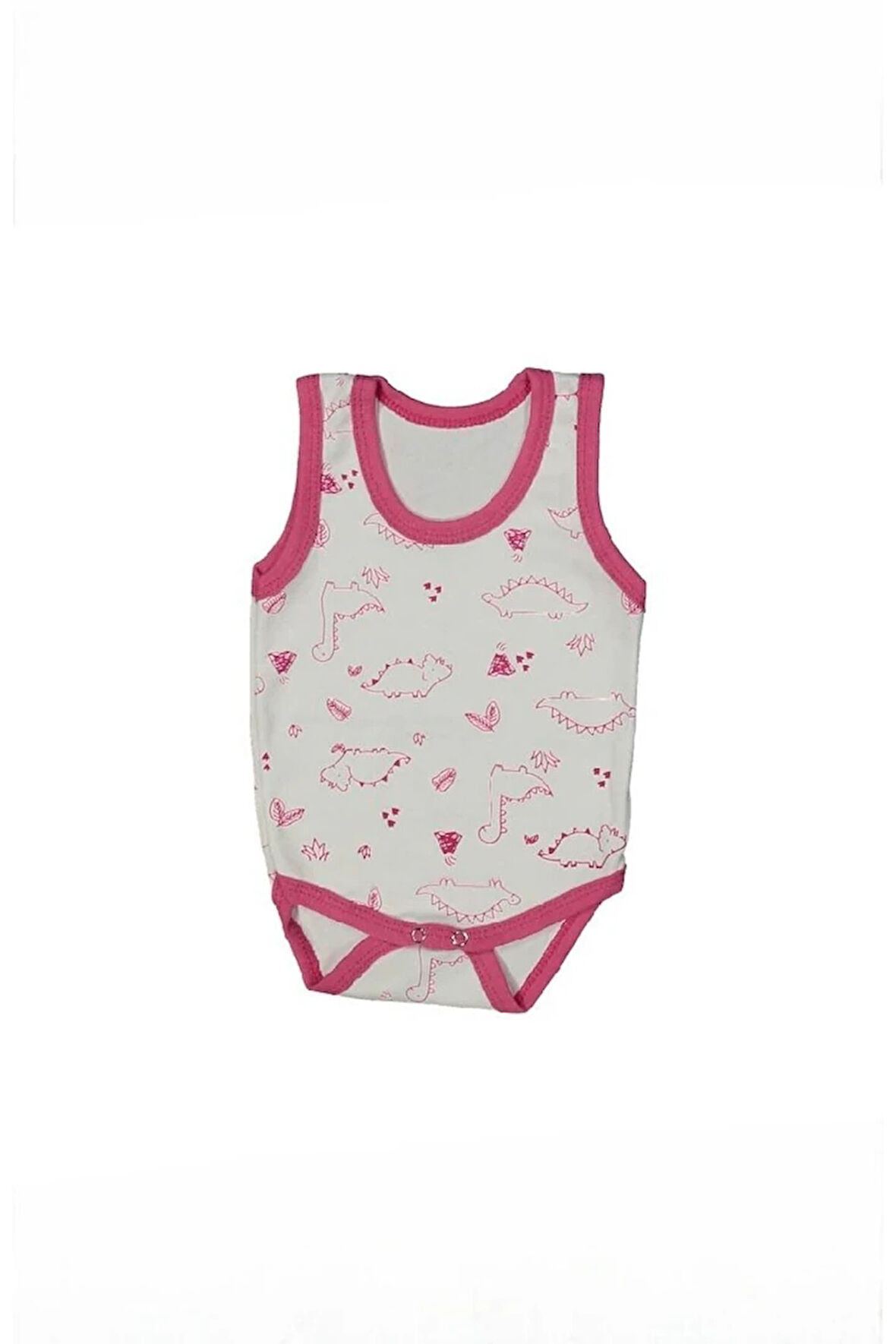 %100 Pamuk Geniş Askılı Dinazorlu Çıtçıtlı Bebe Zıbın 0-36 Ay Fuşya 118755-F