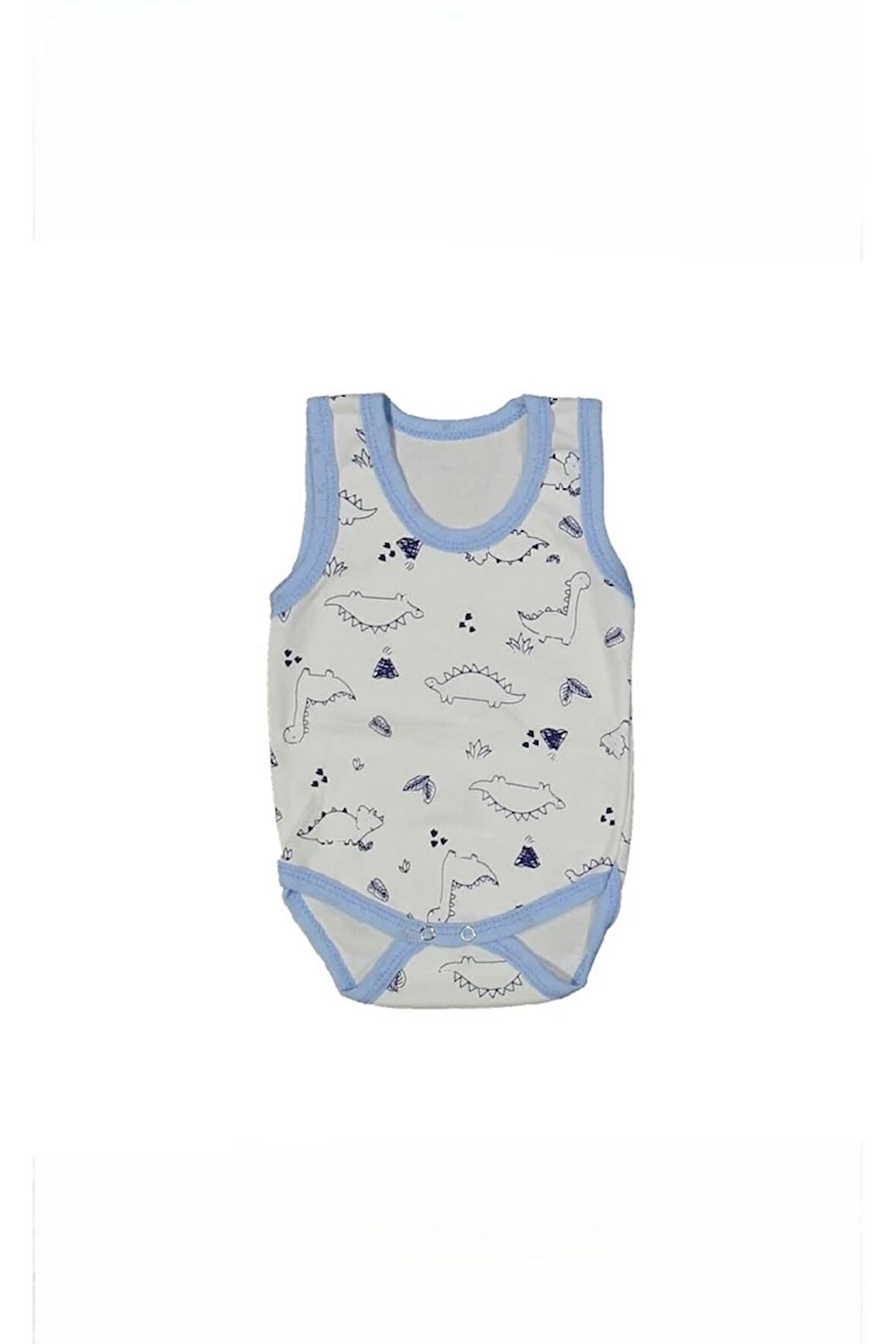 %100 Pamuk Geniş Askılı Dinazorlu Çıtçıtlı Bebe Zıbın 0-36 Ay Mavi 118755-M