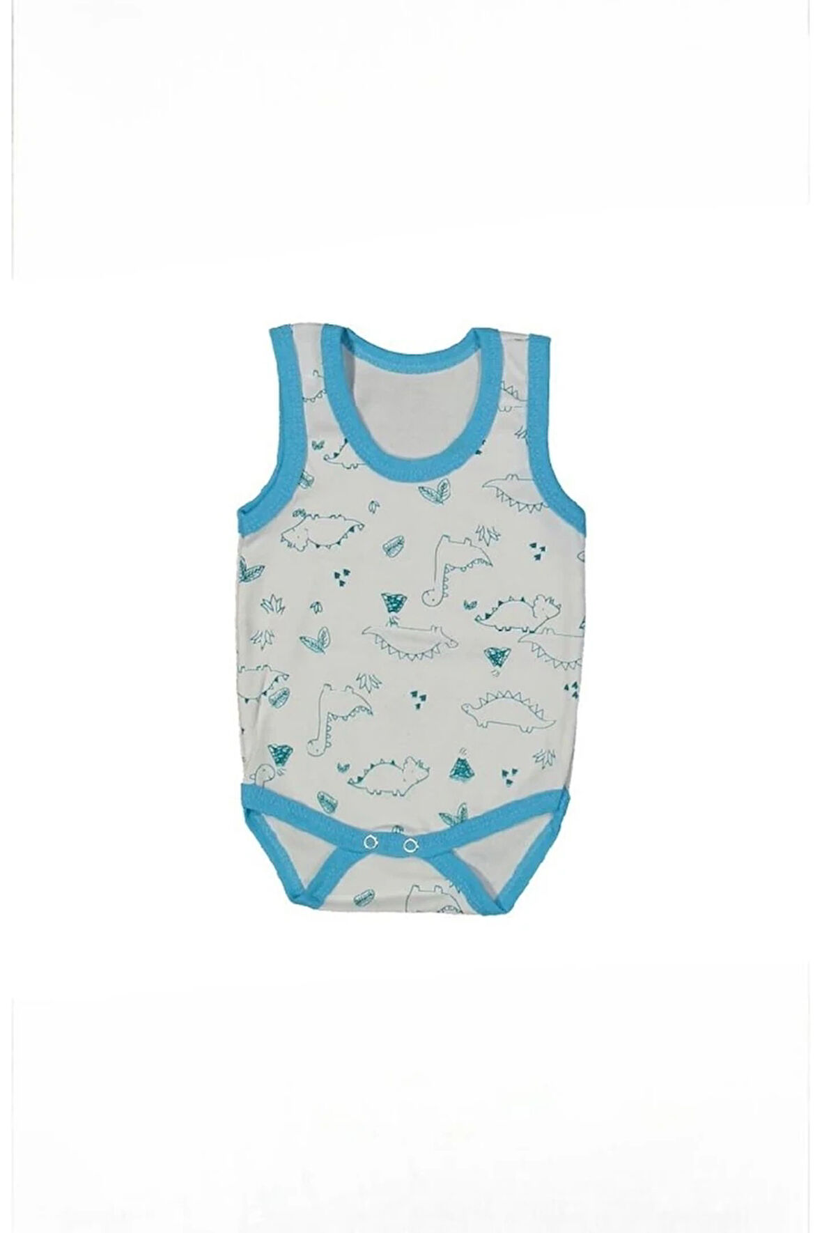 %100 Pamuk Geniş Askılı Dinazorlu Çıtçıtlı Bebe Zıbın 0-36 Ay Turkuaz 118755-T