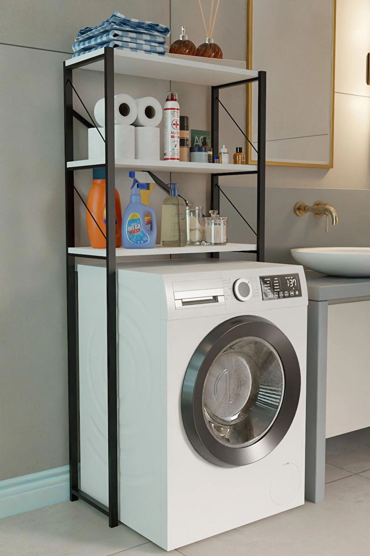 Çamaşır Makinesi Üstü Banyo Rafı – 3 Katlı Metal Gövdeli Düzenleyici, Depolama ve Organizer (66x25x151 cm)