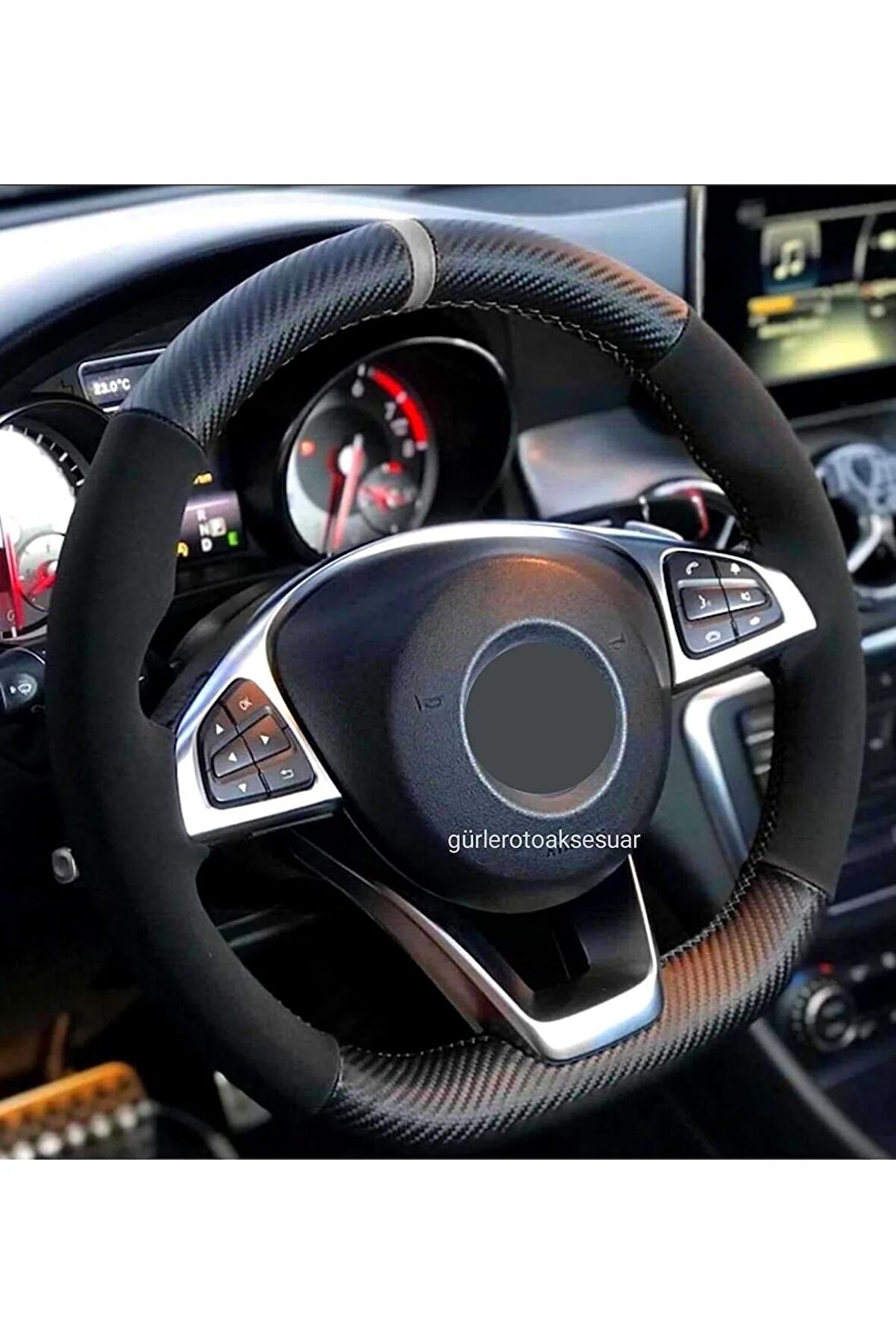 Chevrolet Camaro Uyumlu Alkantara-karbon Yüzüklü Direksiyon Kılıf Gri Ipli