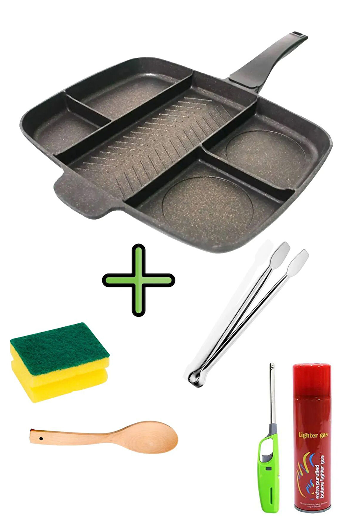 5 Gözlü Granit Döküm Tava 5 Bölmeli Kamp Tavası + Bulaşık Süngeri + Maşa+ Kaşık + Çakmak + Gaz