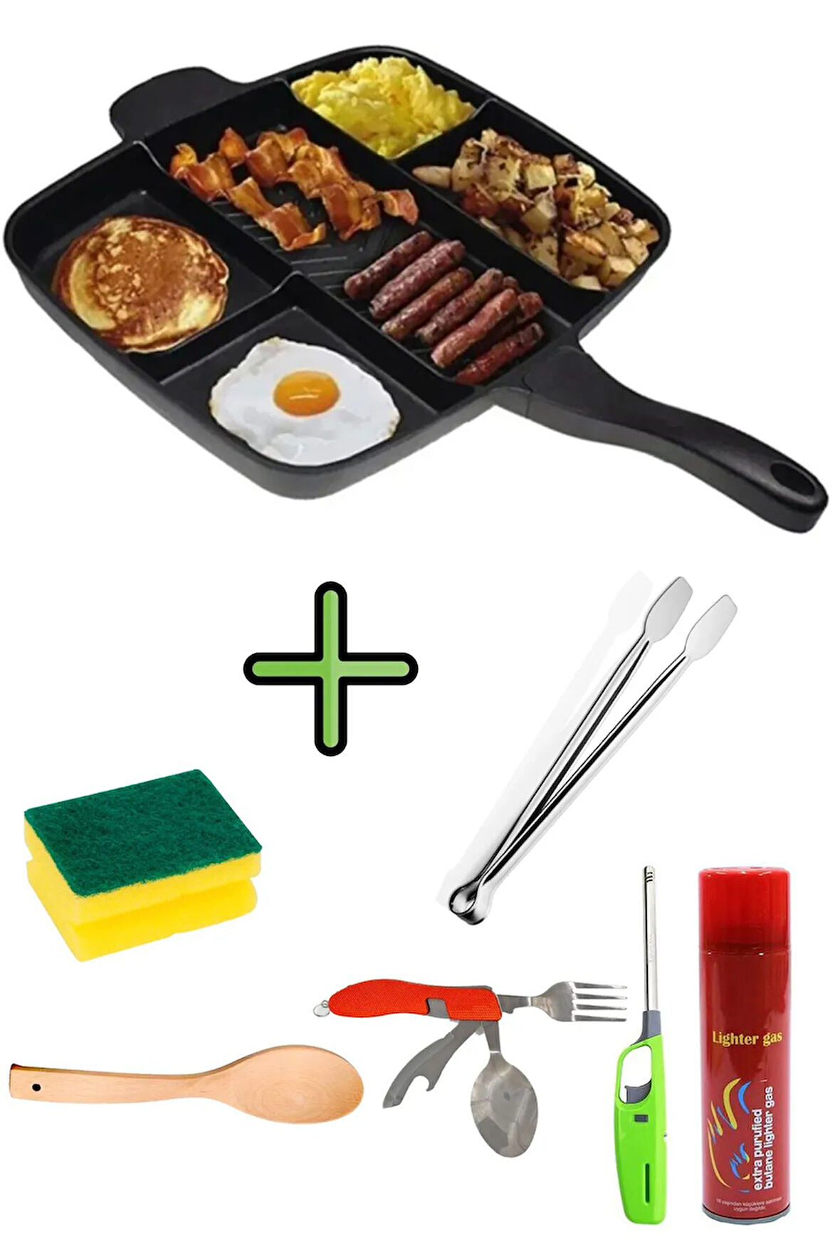 5 Gözlü Granit Döküm Tava + Bulaşık Süngeri + Maşa+ Kaşık + Çakmak + Gaz + Çatal Kaşık Bıçak Seti