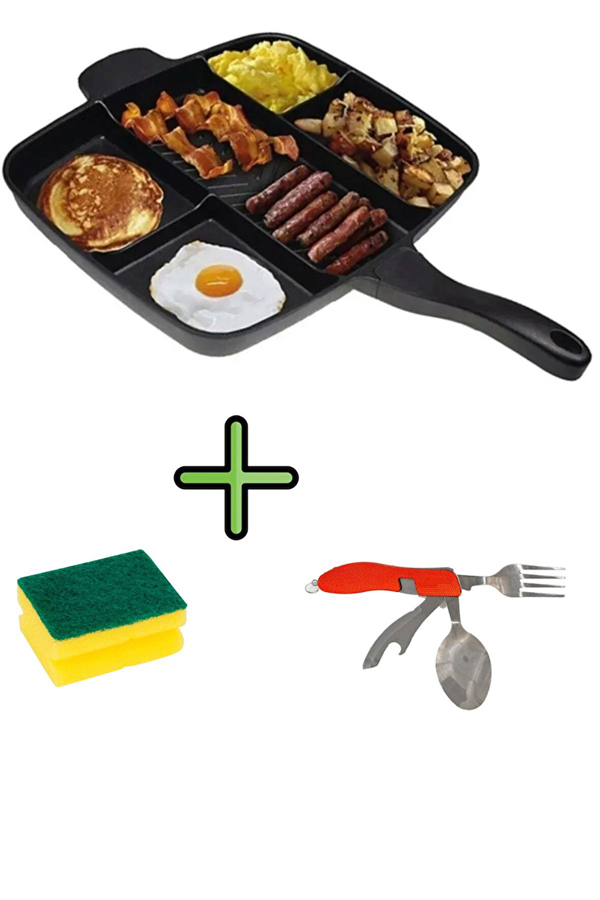 5 Gözlü Granit Döküm Tava 5 Bölmeli Kamp Tavası + Bulaşık Süngeri + Kamp Çatal Kaşık Bıçak Seti