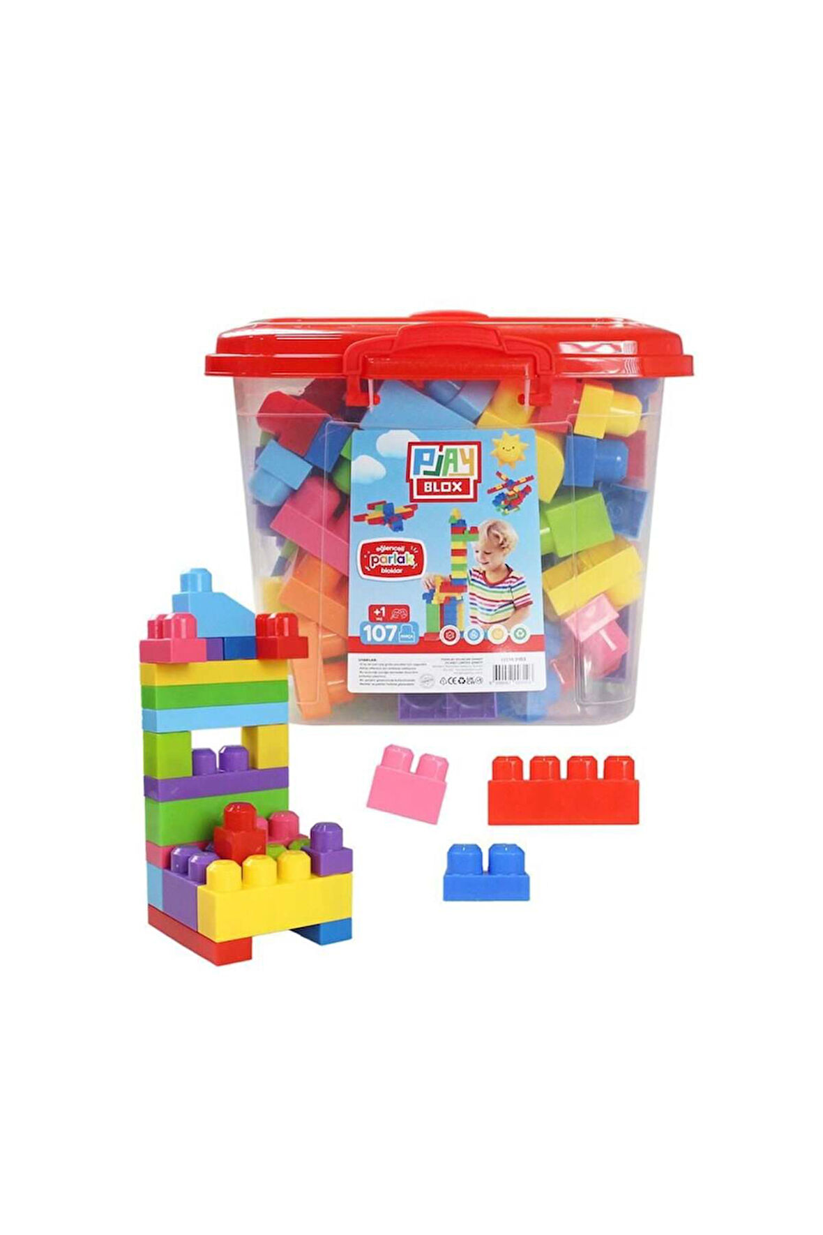 Erkek Çocuk Oyuncak Play Blox Yapı Oyuncakları 107 Parça Kovalı Parlak Renkler Mega Blok Seti 3103 K