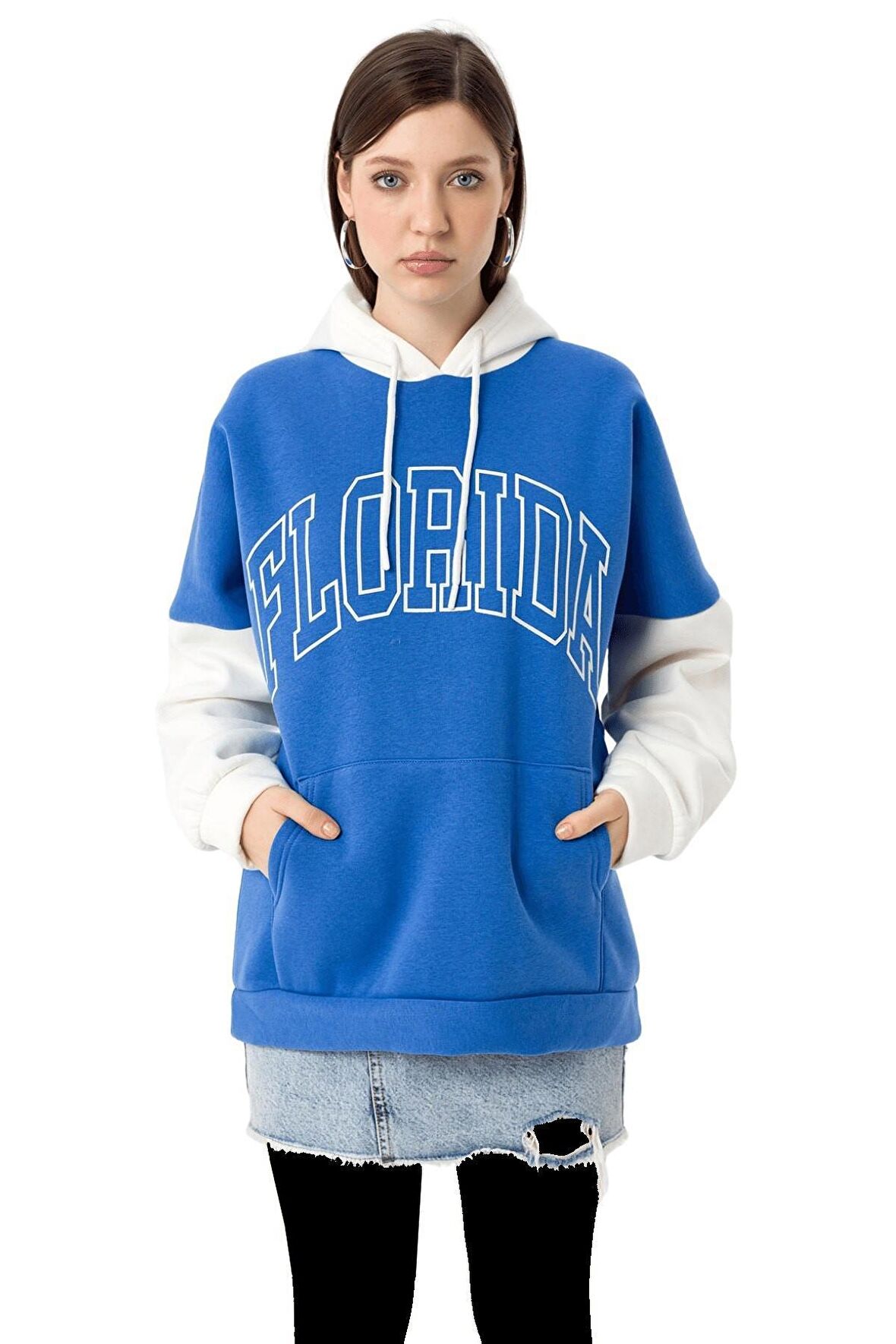 Kadın Mavi Sweatshirt Kolu Garnili Yazı Baskılı Sweat