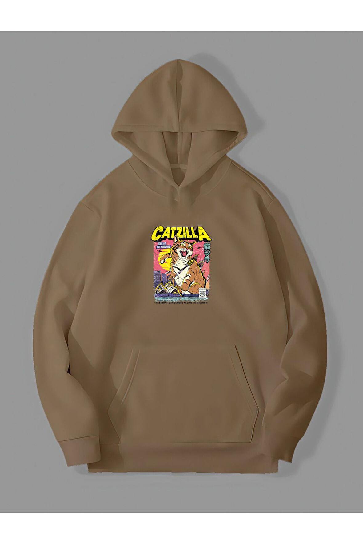 Üç İplik Catzilla Baskılı Unisex Kemik Kanguru Cepli Kapüşonlu Sweatshirt Hoodie | L