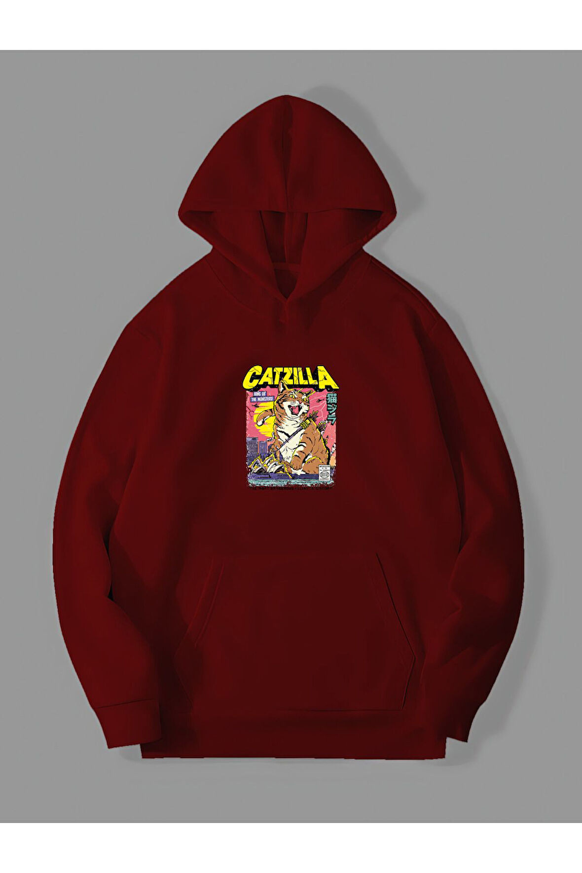 3 İplik Catzilla Baskılı Kırmızı Kanguru Cepli Kapüşonlu Sweatshirt Hoodie | L