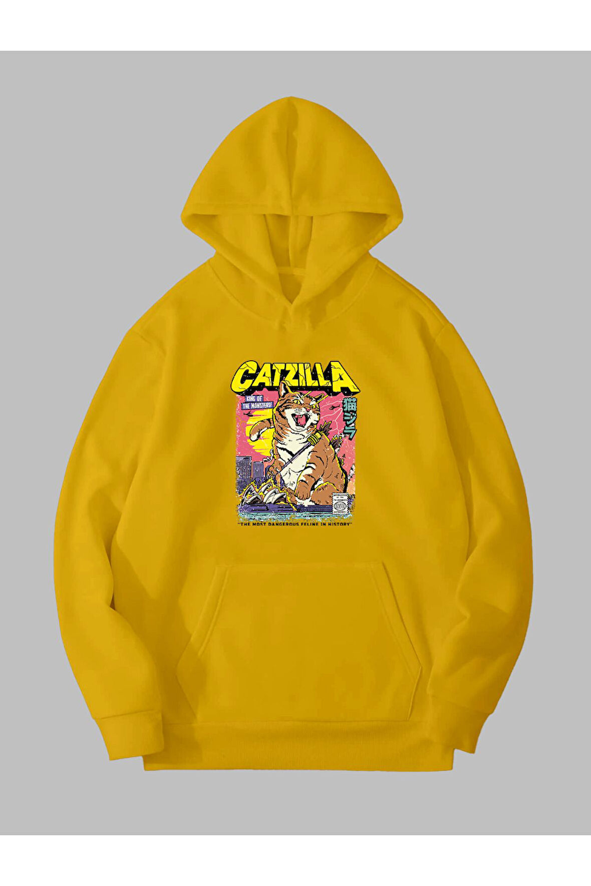 Üç İplik Catzilla Baskılı Unisex Sarı Kanguru Cepli Kapüşonlu Sweatshirt Hoodie | S