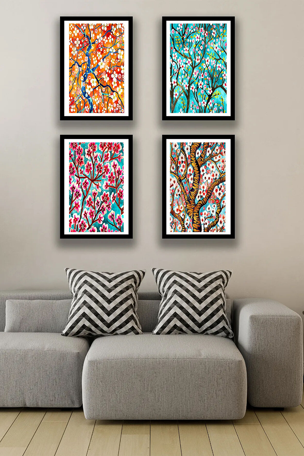 Çiçekli Çerçeve Görünümlü 4'lü Şık Ahşap Tablo Modeli, Ev, Oturma Odası, Salon Duvar Dekorasyonu