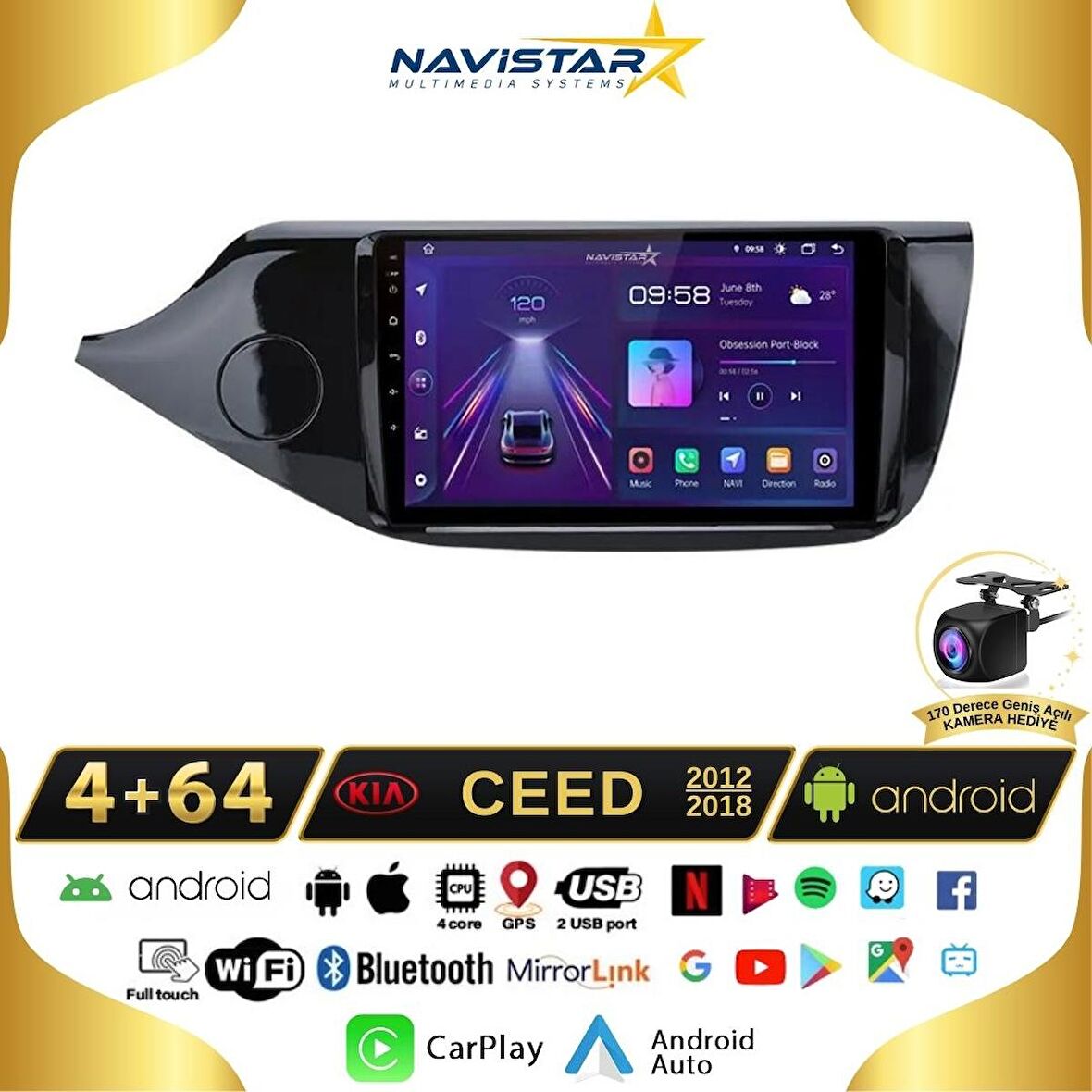 Kia Ceed 2012-2018 Model 4GB + 64GB Android 13 Kablosuz Carplay Navigasyon Multimedya Sistemi 