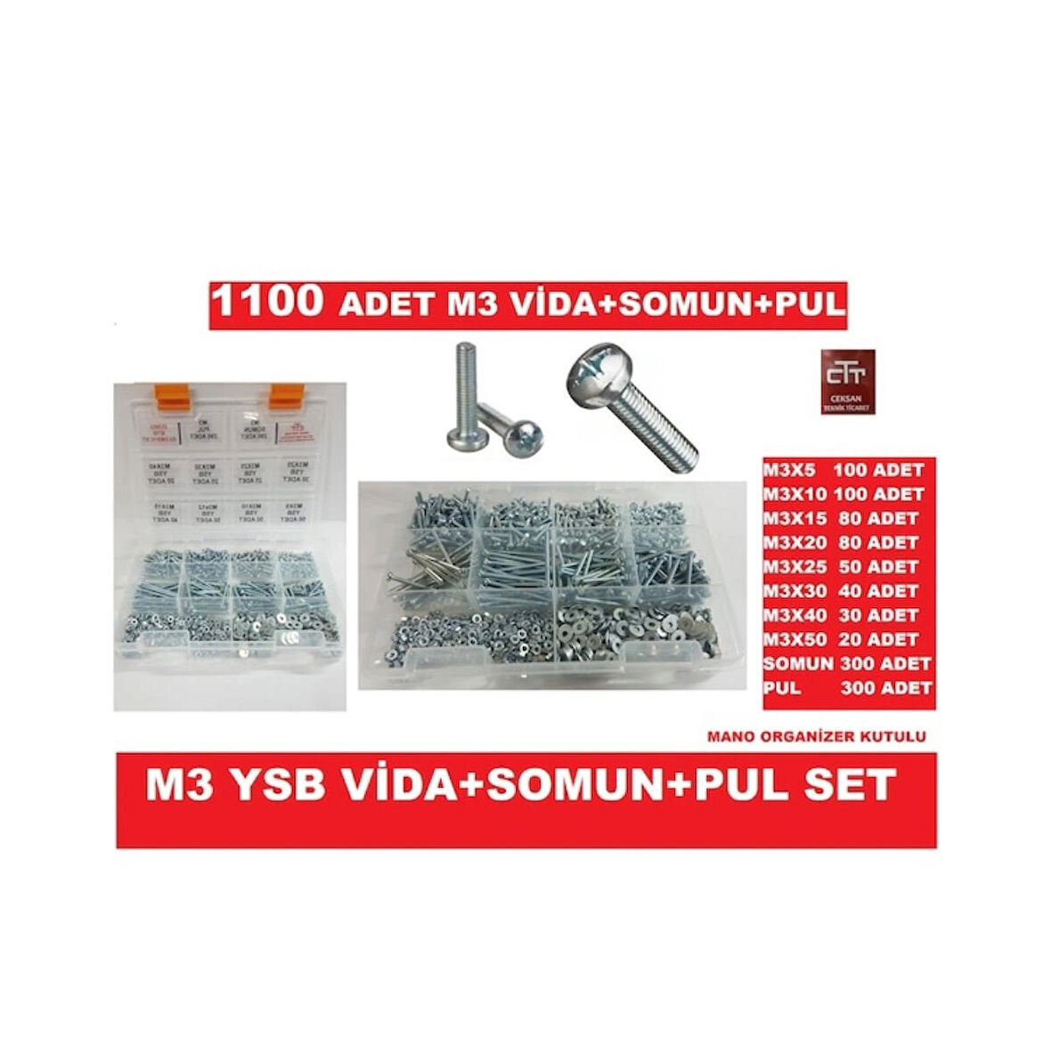 M3 Ysb Vida Seti Vida -Somun-Pul Seti 1100 Parça