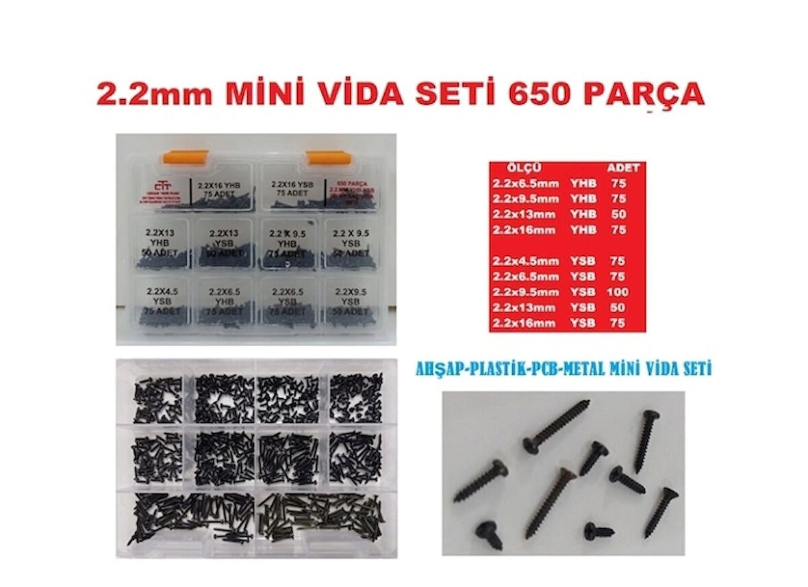 SAC VİDASI SETİ 2.2mm MİNİ VİDA SETİ YHB YSB PCB-PLASTİK-AHŞAP