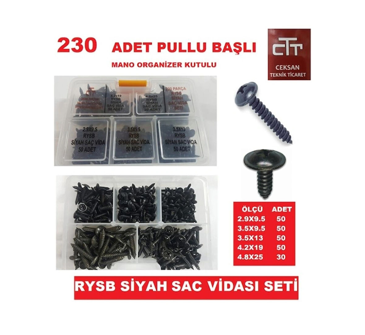 Sac Vidası Seti 230 Adet Siyah Pullu Başlı Rysb