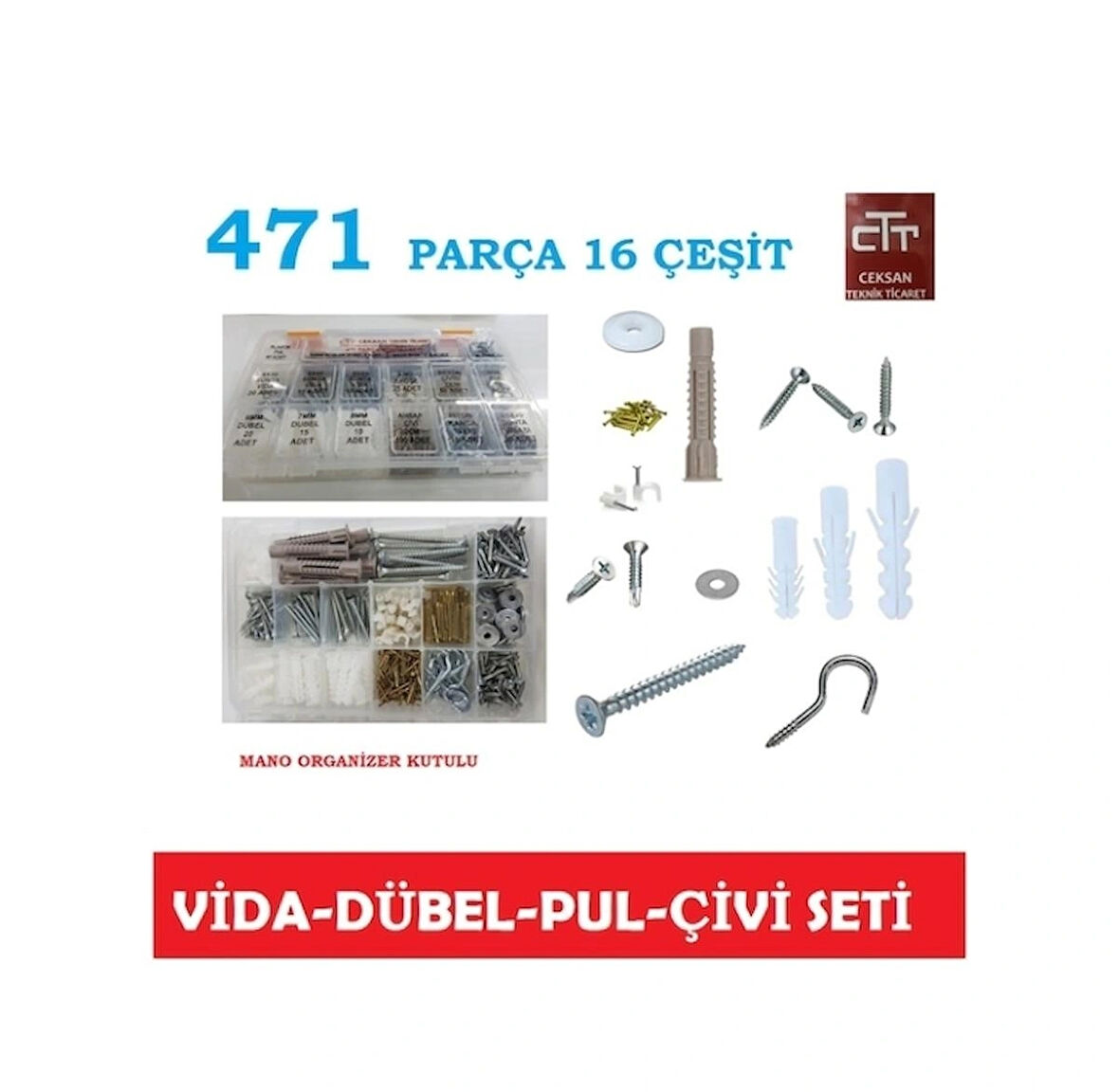 Vida Seti - Dübel-Pul-Çivi-Kanca-Matkap Uçlu Vida 471 Parça Set