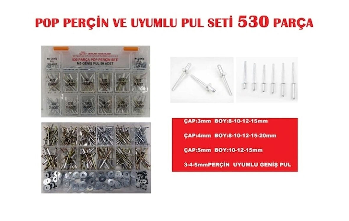 POP PERÇİN VE UYUMLU PUL SETİ 530 PARÇA 3-4-5mm