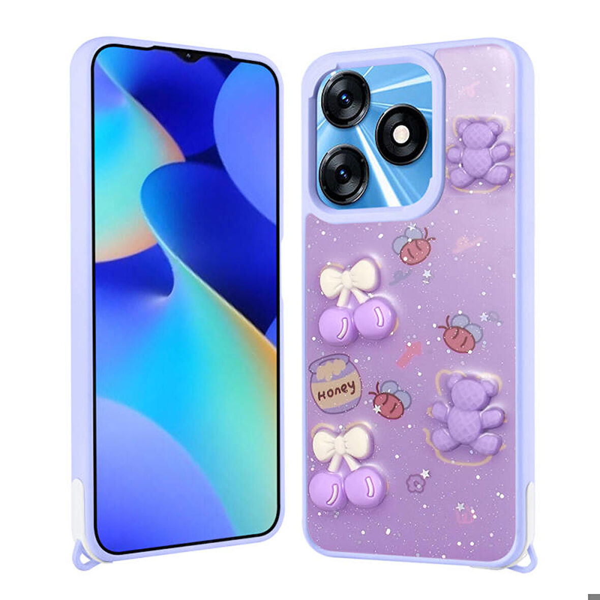 Tecno Tekno Spark 10C Kılıf Parlayan Simli Kabartma Figürlü Cevze Kapak