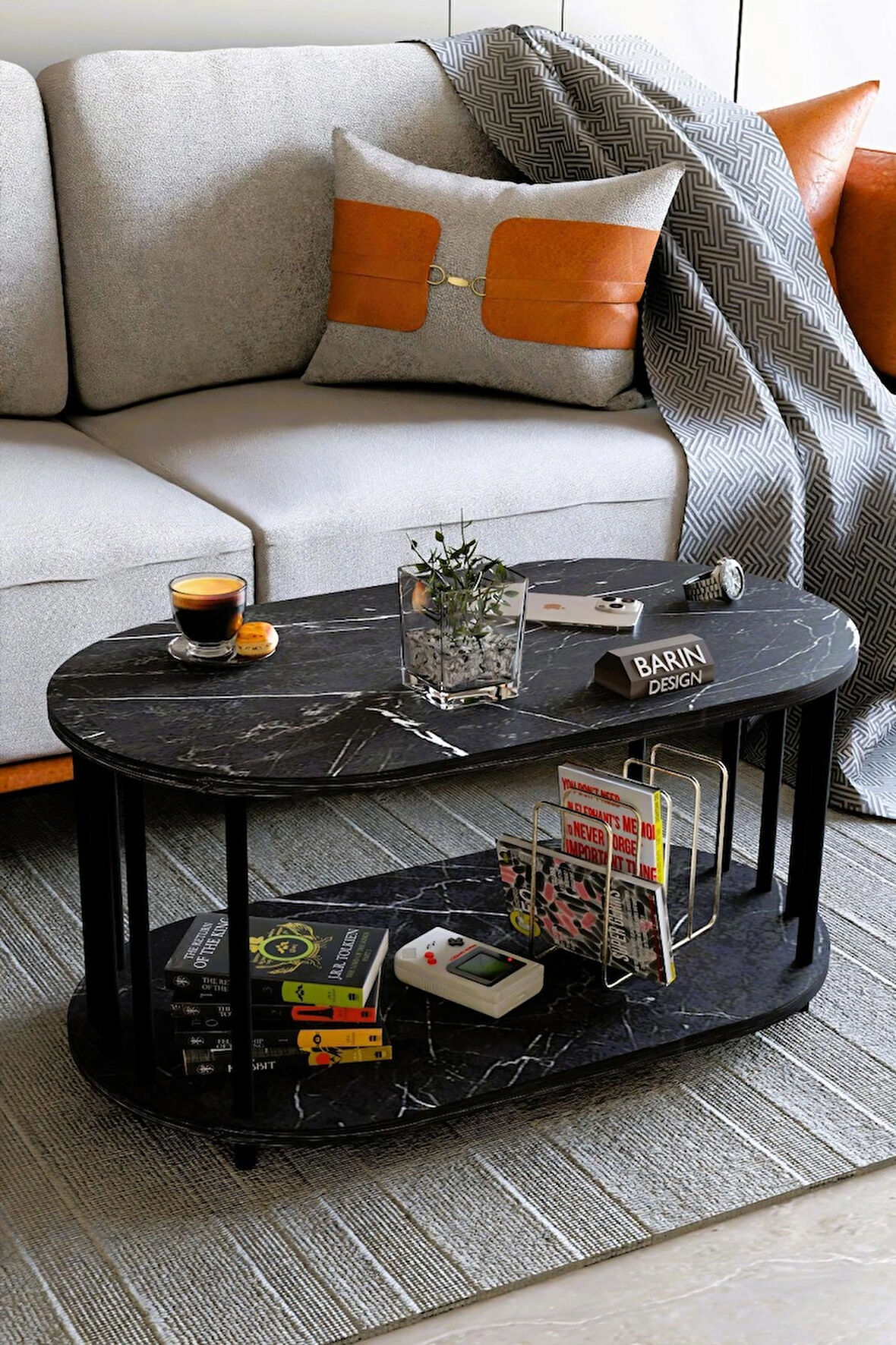 Modern Oval Orta Sehpa Çift Katlı Metal Ayaklı Salon, Ofis, Dekoratif Sehpa, Kahve sehpası