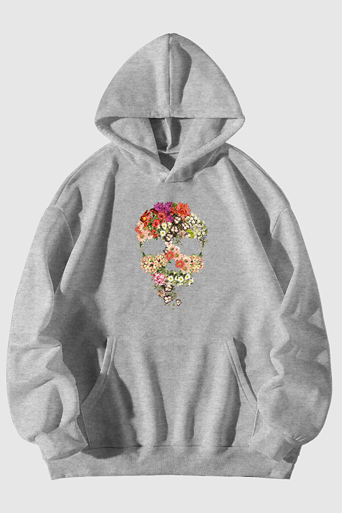 Çiçek Kurukafa Baskılı Unisex Siyah Kanguru Cepli Kapüşonlu Sweatshirt Hoodie | L