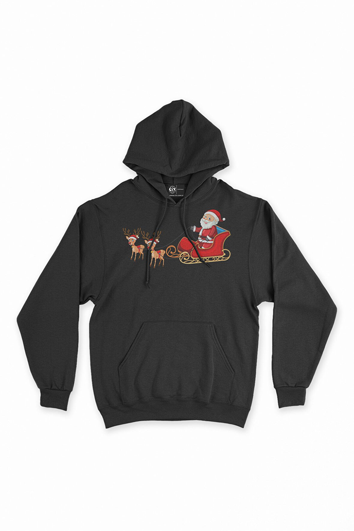 Noel Baba ve Geyikli Yılbaşı Kapşonlu Sweatshirt Hoodie