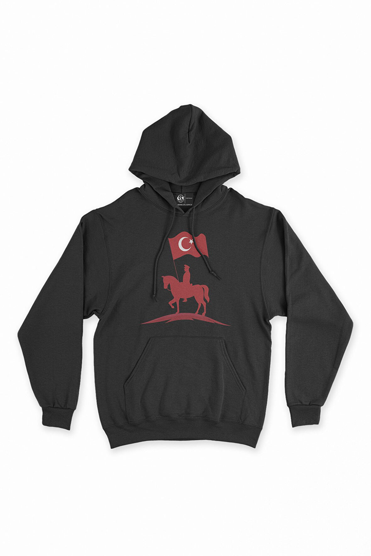 Atatürk Kırmızı Bayraklı Atlı Siyah Kapşonlu Sweatshirt Hoodie
