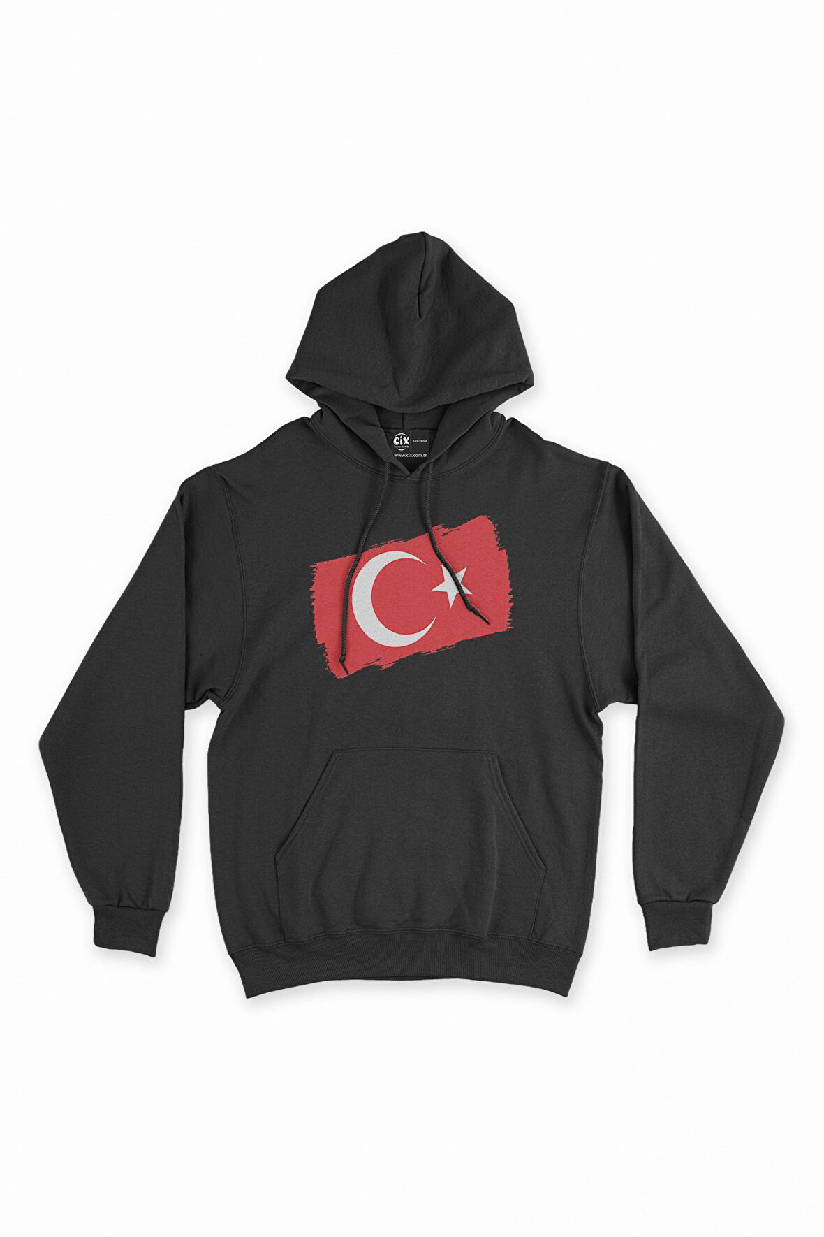Dikdörtgen Türk Bayraklı Siyah Kapşonlu Sweatshirt Hoodie