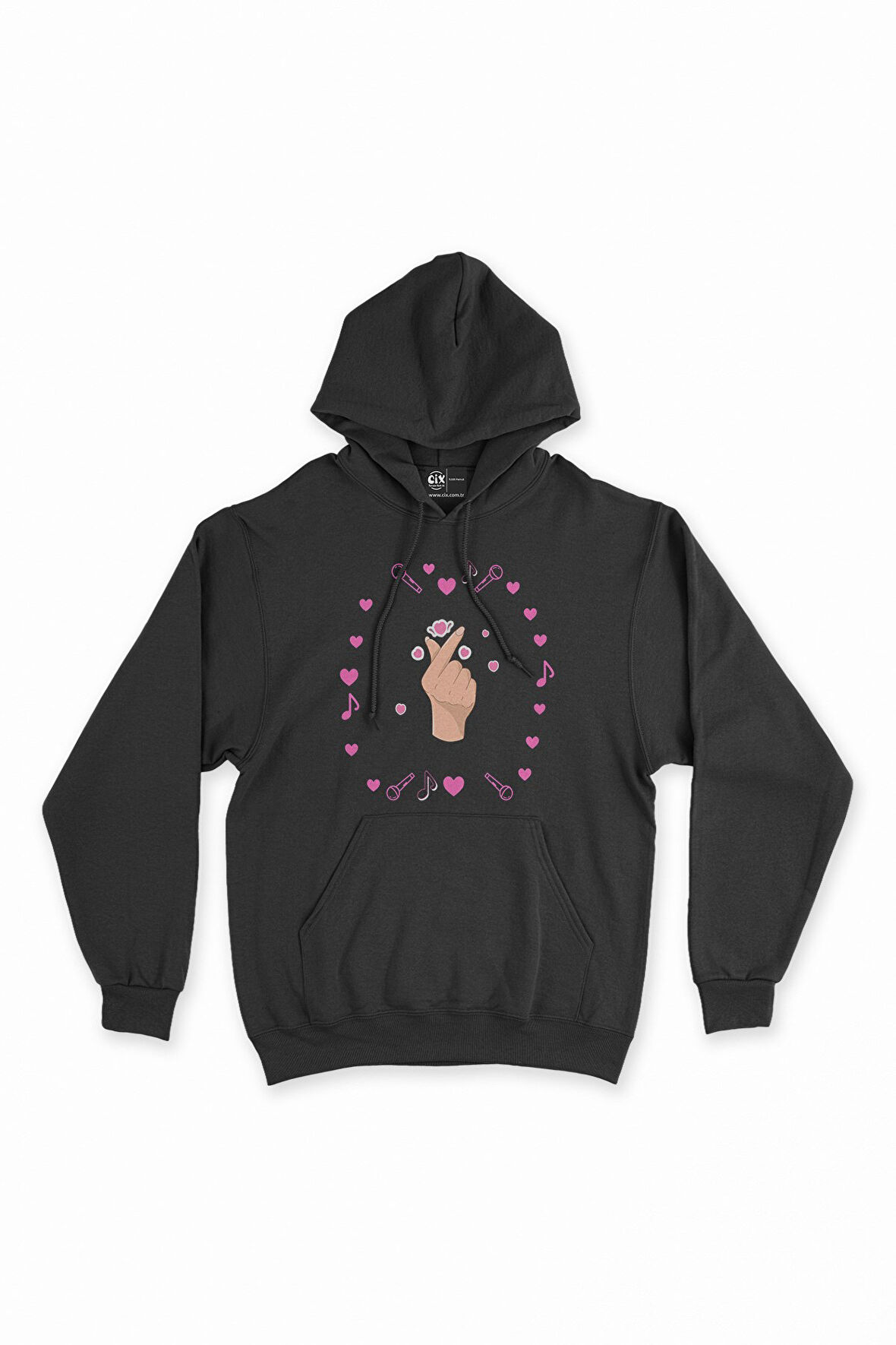 K Pop Parmak Kalp Siyah Kapşonlu Sweatshirt Hoodie