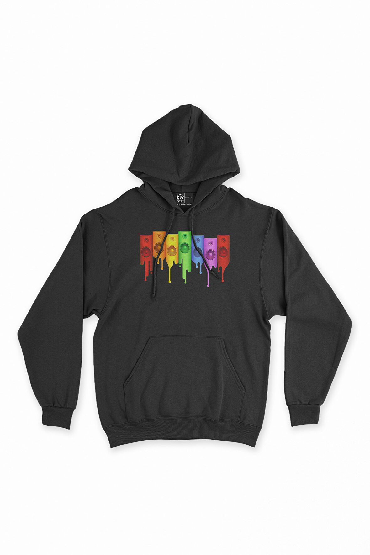Gökkuşağı Renkli Müzik Siyah Kapşonlu Sweatshirt Hoodie