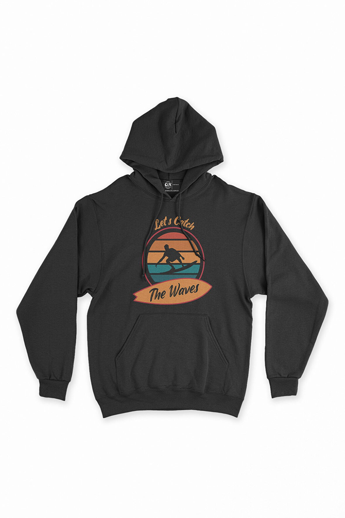 Sörf Dalgalı Siyah Kapşonlu Sweatshirt Hoodie