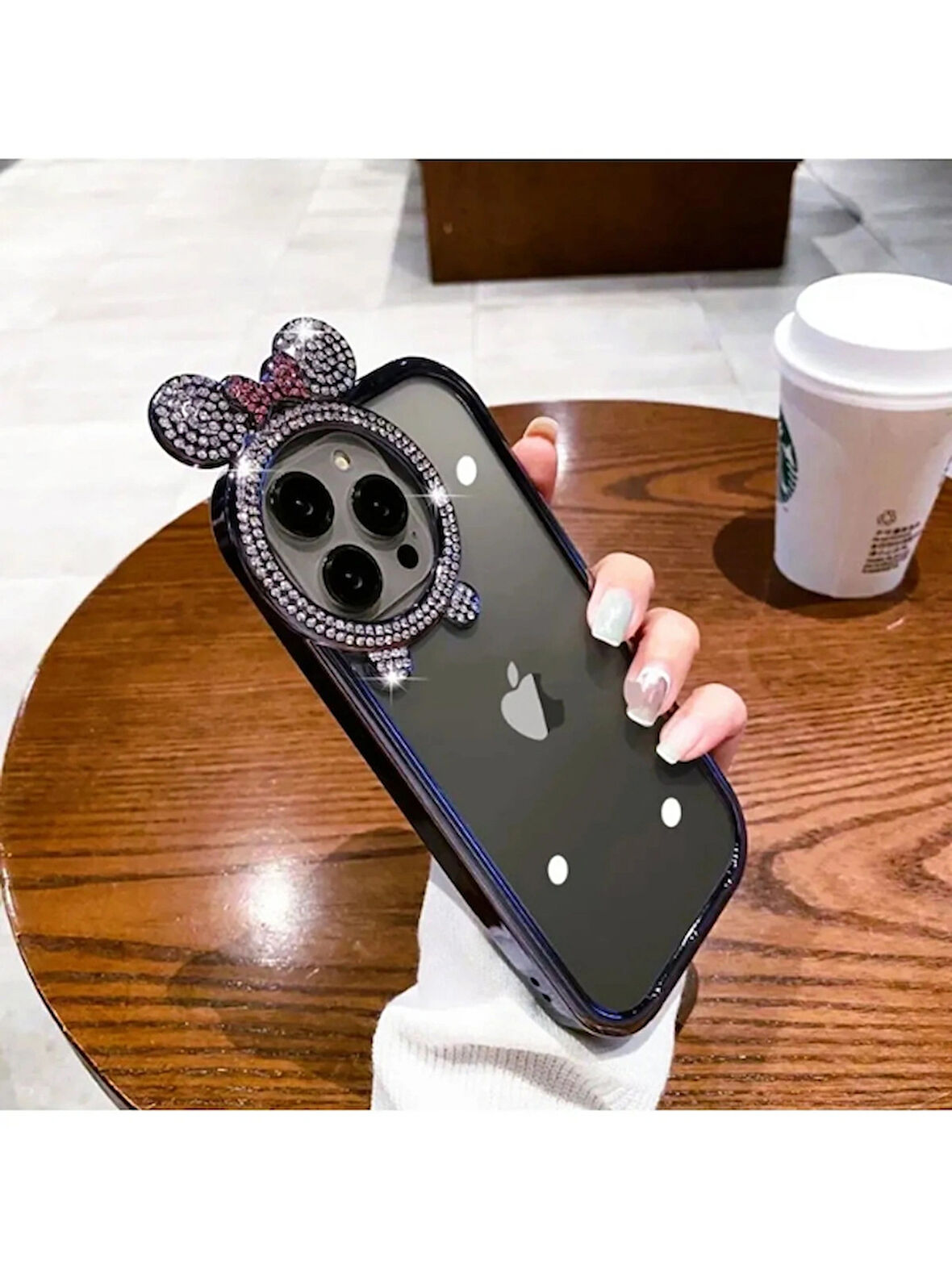 Yansıt iPhone 15 Uyumlu Taşlı Minnie Mouse Kulaklı Taşlı Metalik Çerçeveli Şeffaf Silikon Kılıf