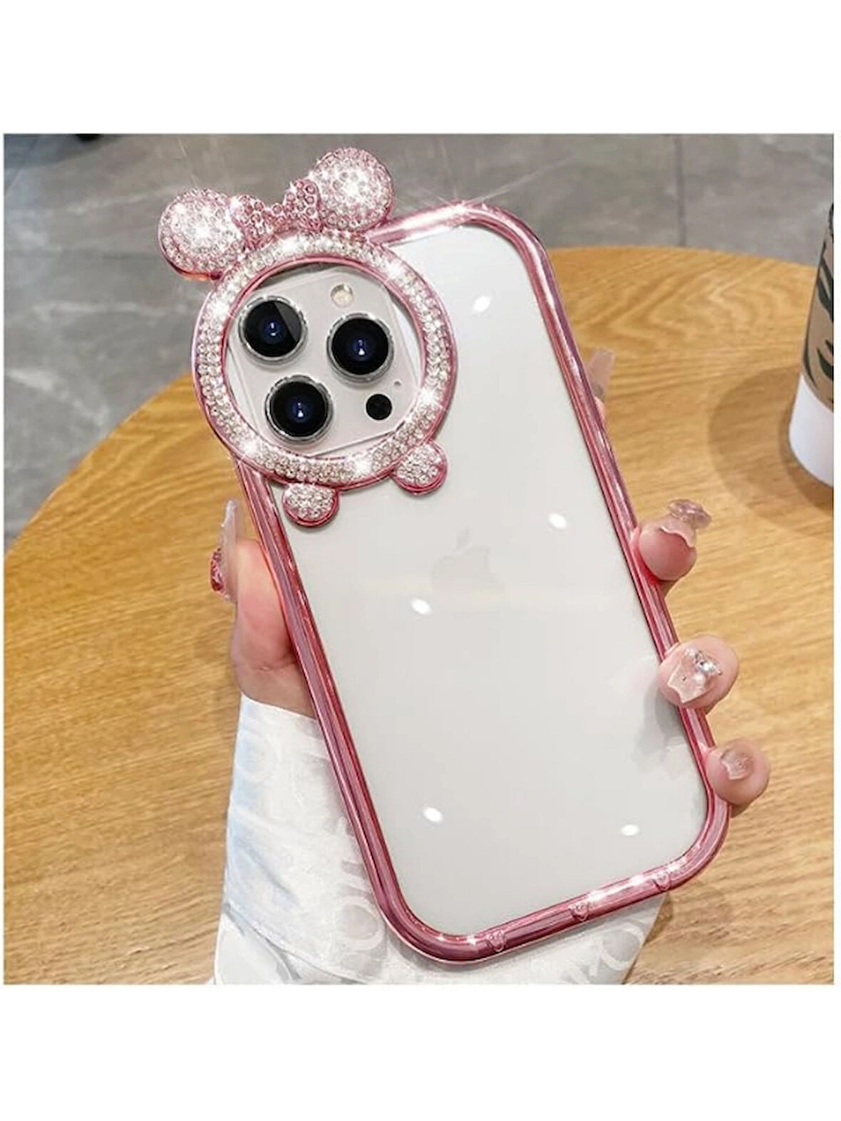 Yansıt iPhone 15 Uyumlu Taşlı Minnie Mouse Kulaklı Taşlı Metalik Çerçeveli Şeffaf Silikon Kılıf