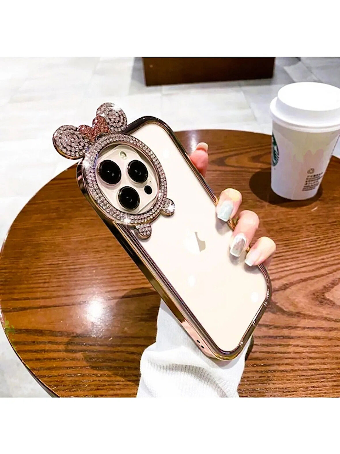 iPhone 15 Pro Uyumlu Taşlı Minnie Mouse Kulaklı Metalik Çerçeveli Şeffaf Silikon Kılıf