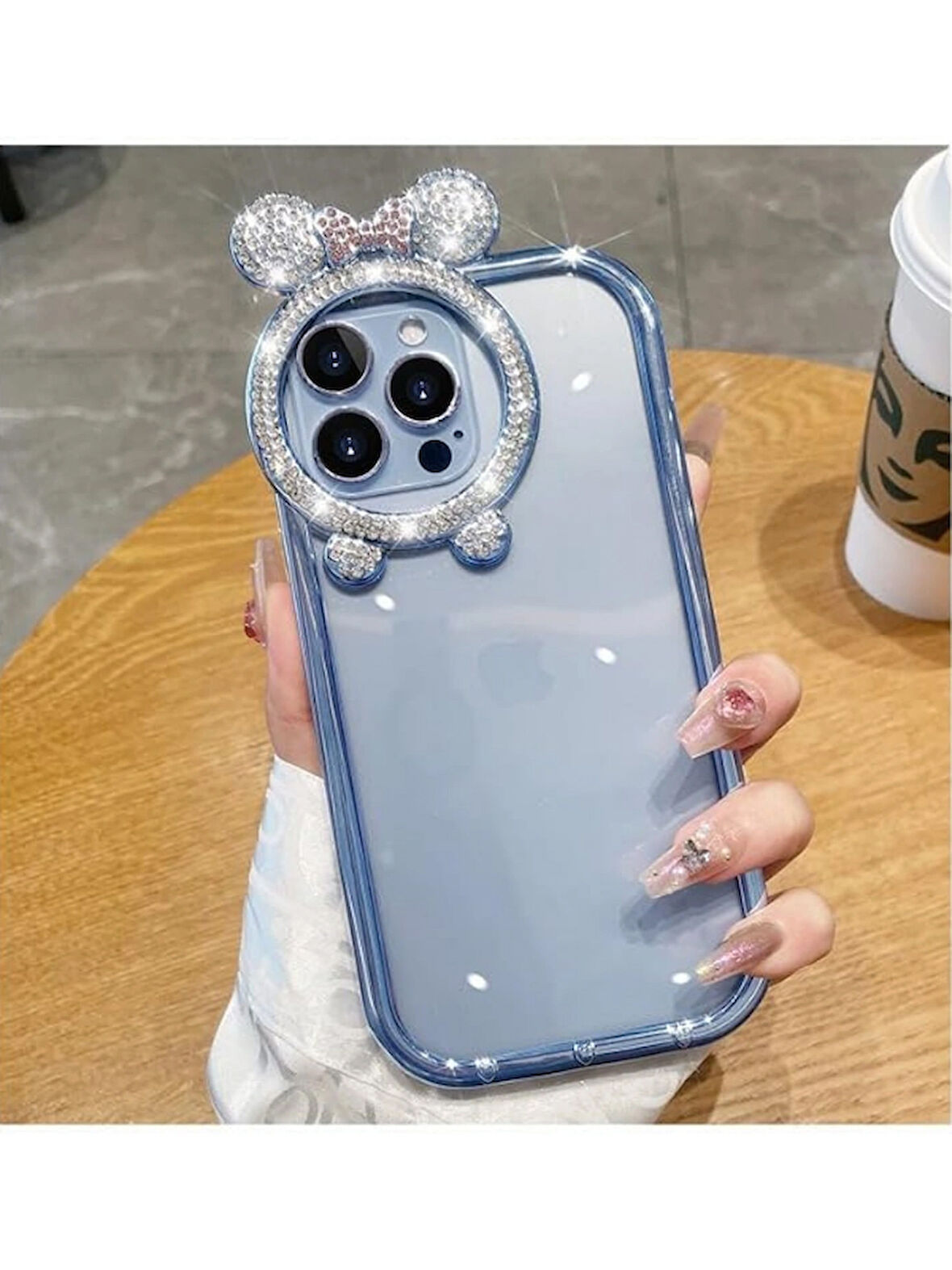 iPhone 14 Pro Max Uyumlu Taşlı Minnie Mouse Kulaklı Işıltılı Şeffaf Silikon Kılıf