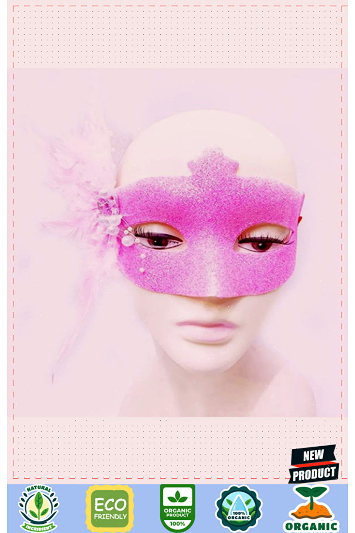 Sim Işlemeli Inci Boncuk Detaylı Tüylü Balo Maskesi Pembe Renk 13x18cm Kız Erkek Çocuk Oyunca