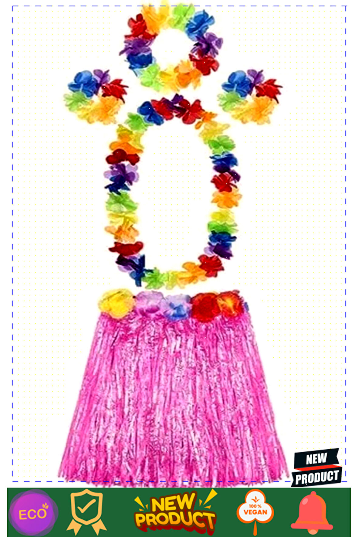 Yetişkin ve Çocuk Uyumlu Luau Aloha Hawaii Pembe Etek ve Renkli Kolye Taç 2 Adet Bileklik Seti 1 Ade