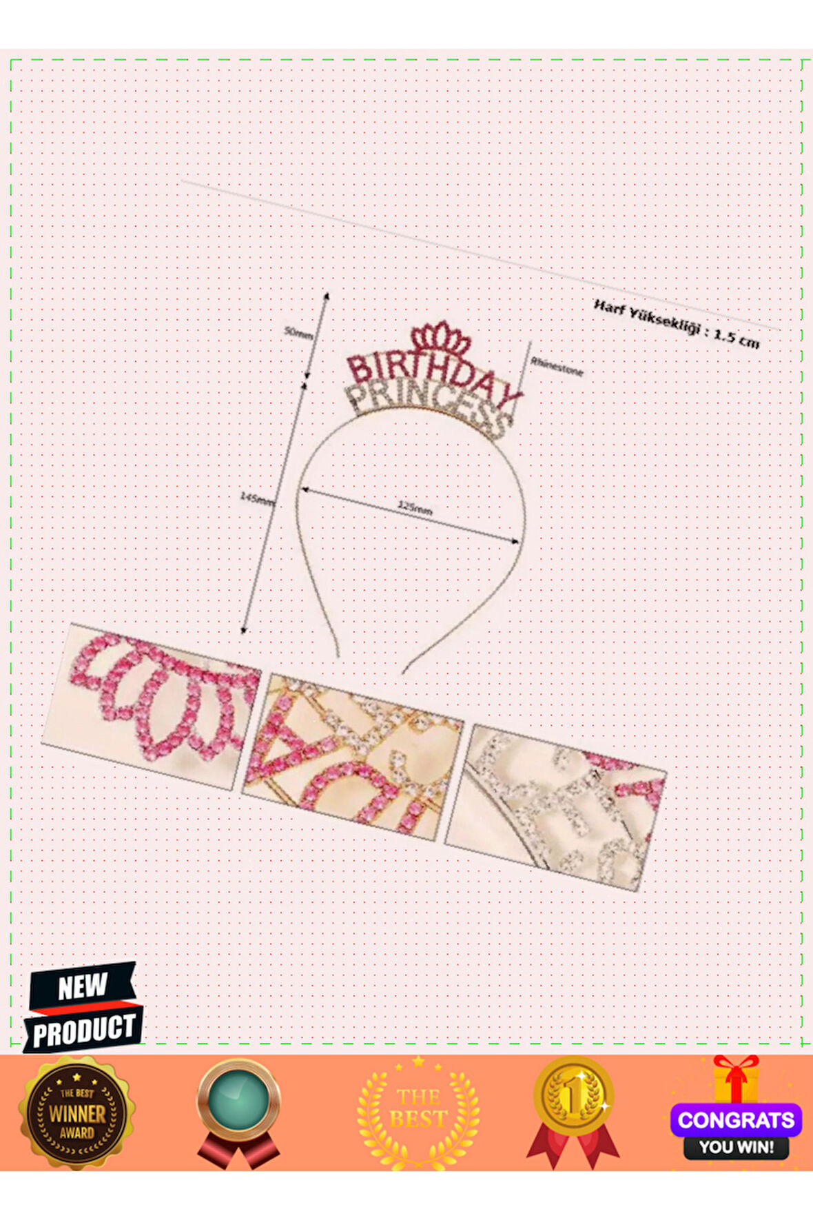 Kristal Taşlı Pembe Birthday Princess Yazılı Parti Tacı 19x11cm Kız Erkek Çocuk Oyuncakları E