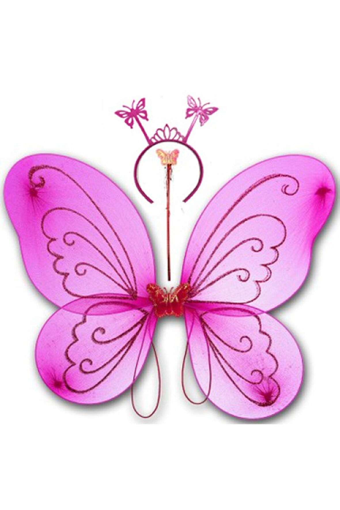 Fuşya Renk Kelebek Kanadı Tacı ve Sopası 50x37Cm 1 Gram Kız Erkek Çocuk Oyuncakları Eğitici Oyuncakl