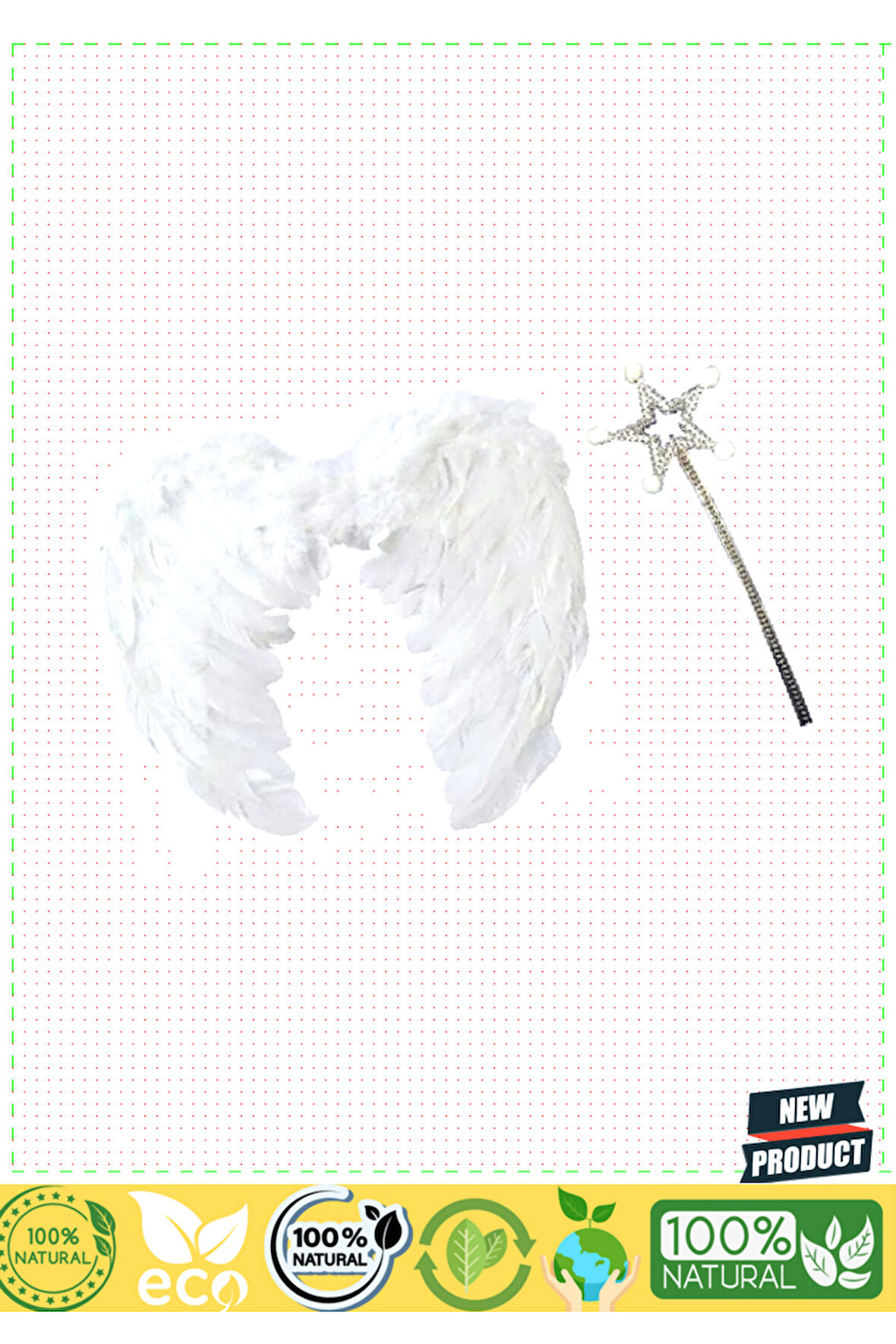 Beyaz Renk Orta Boy Çocuk Melek Kanadı 35x50cm Ve Beyaz Ponponlu Asa Kız Erkek Çocuk Oyuncakl