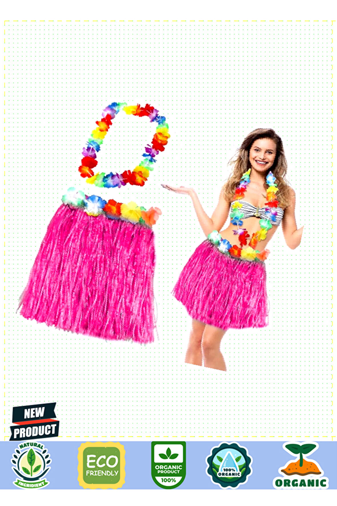 Hawaii Luau Aloha Pembe Püsküllü 40Cm Etek ve Hawaii Kolye Seti 1 Gram Kız Erkek Çocuk Oyuncakları E