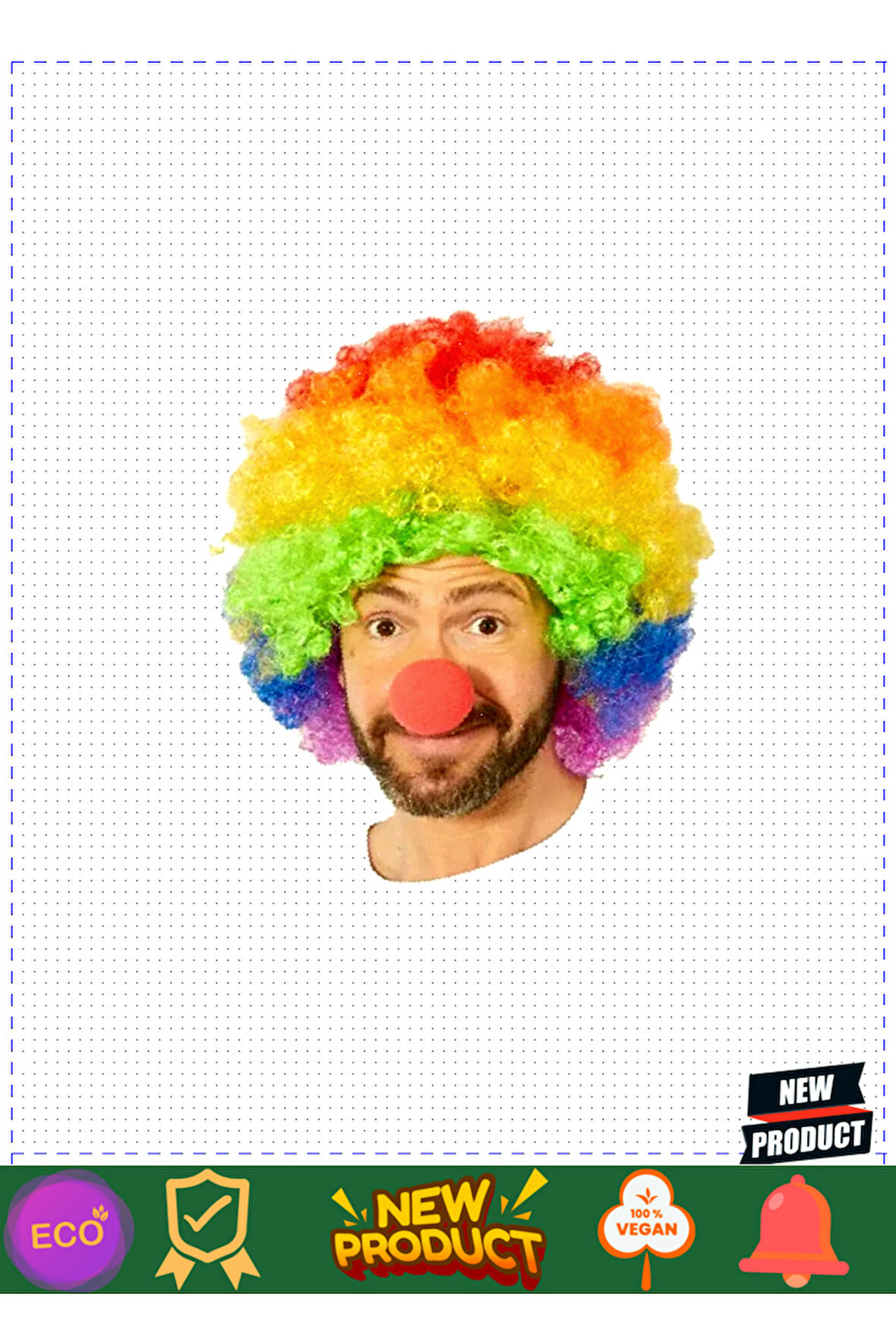 Rengarenk Gökkuşağı Afro Bonus Peruk Ve Kırmızı Renk Sünger Burun 120gr Kız Erkek Çocuk Oyunc