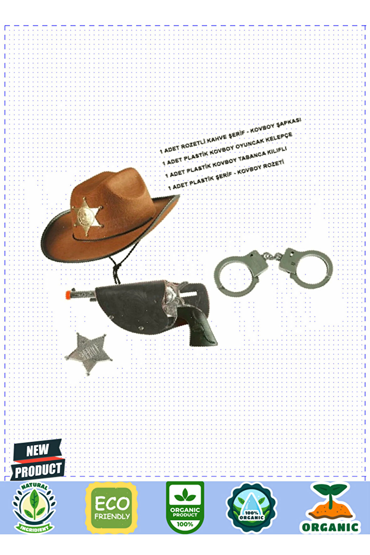 Çocuk Boy Kahverengi Şerif-Kovboy Şapka Tabanca Rozet ve Kelepçe Seti 4 Parça 1 Adet Kız Erkek Çocuk