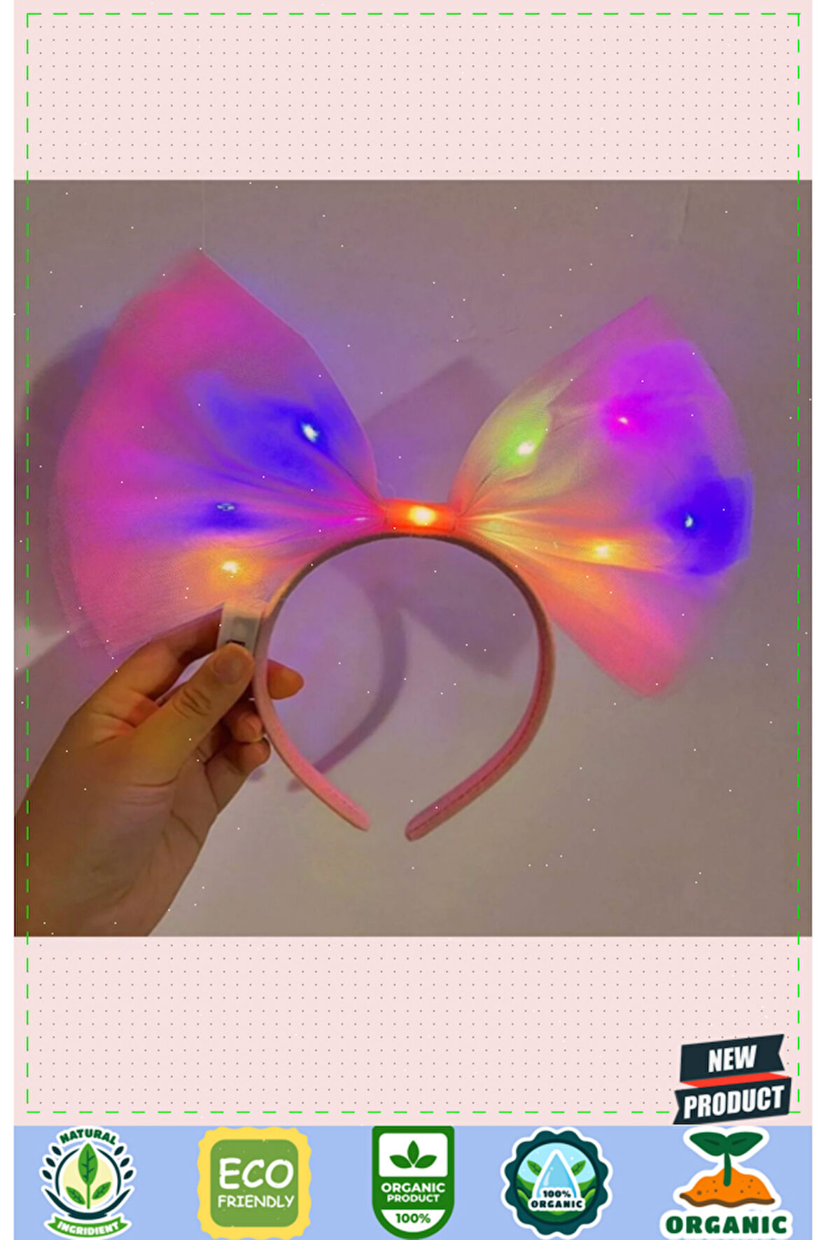 Rengarenk Led Işıklı Fiyonk Şekilli Tül Parti Tacı Pembe Renk 25x25cm Kız Erkek Çocuk Oyuncak
