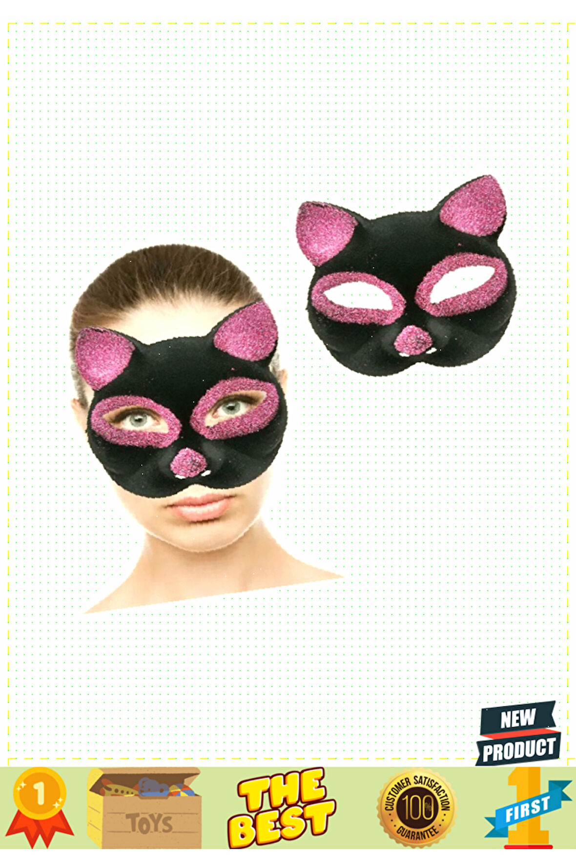 Siyah Renk Pembe Simli Süet Kedi Maskesi 18x14cm Kız Erkek Çocuk Oyuncakları Eğitici Oyuncakl