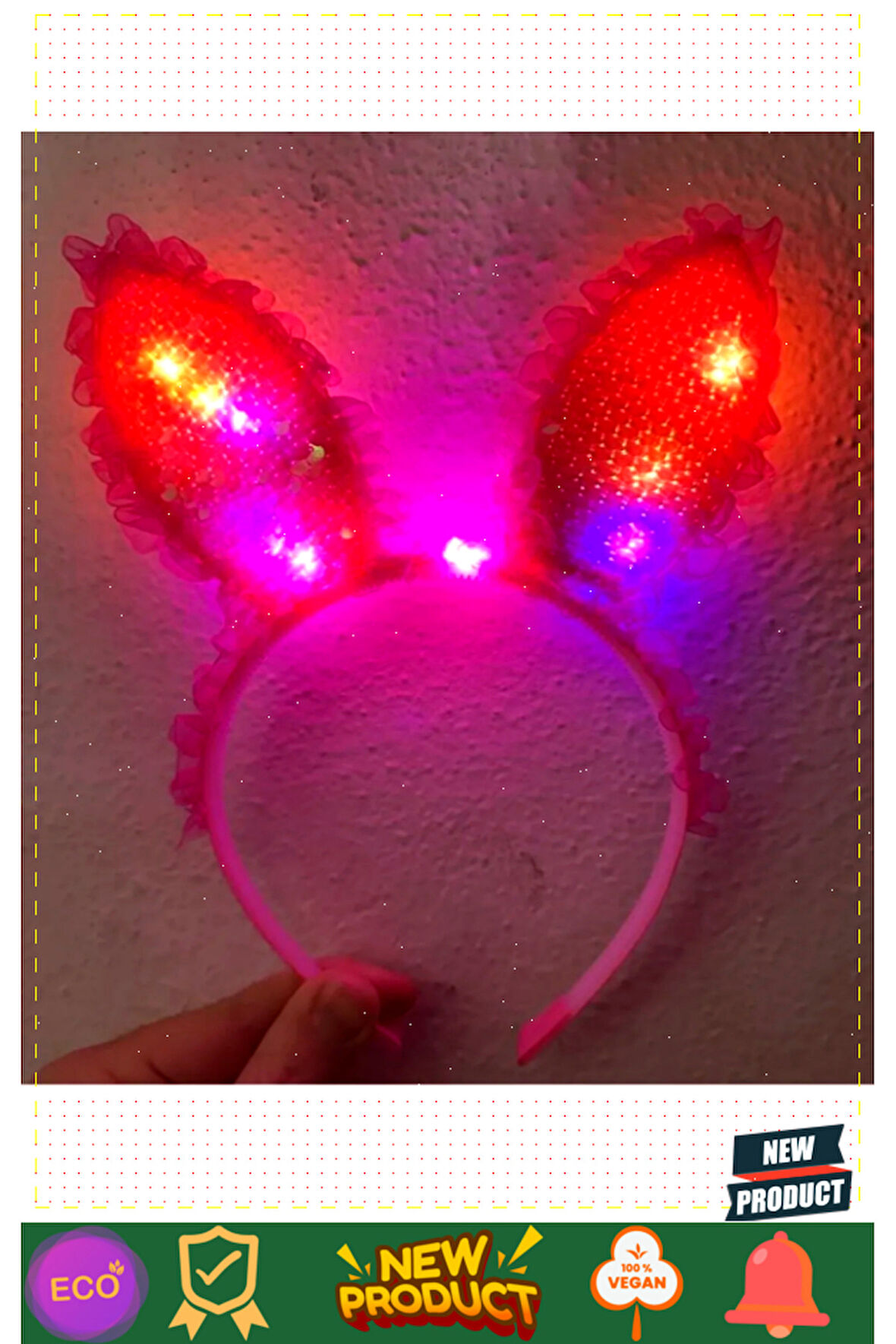 Kenarları Dantelli Fuşya Pullu Payetli Led Işıklı Tavşan Kulak Taç 23x19cm Kız Erkek Çocuk Oy