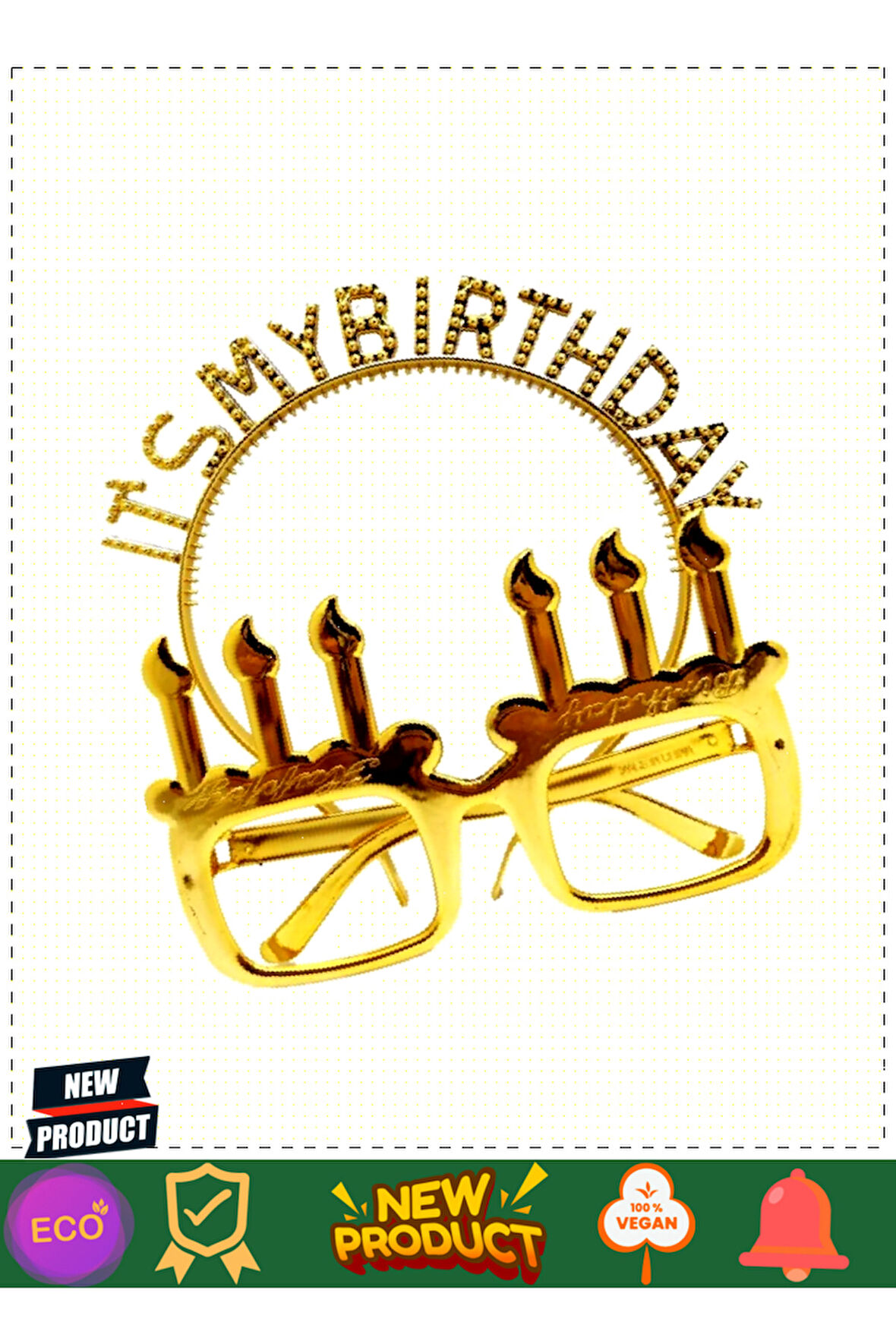 İt&#39;s My Birthday Yazılı Taç Ve Mum Şekilli Gözlük Seti Altın Renk Kız Erkek Çocuk Oyuncak