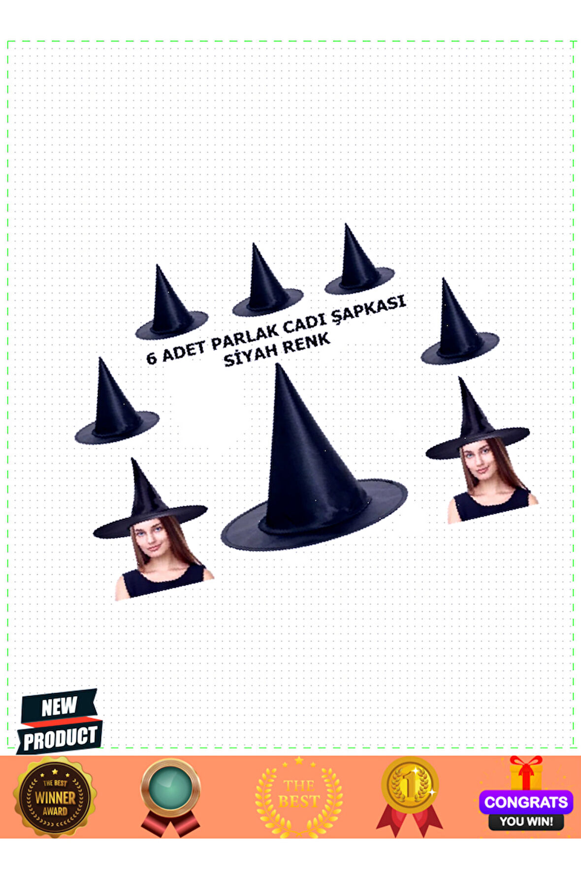 Halloween Siyah Renk Parlak Dralon Cadı Şapkası Yetişkin ve Çocuk Uyumlu 6 Adet 1 Gram Kız Erkek Çoc
