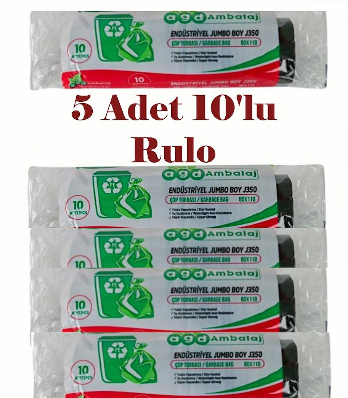 Endüstriyel Jumbo Boy Çöp Torbası – 80x110 cm, 350 Gr, 5 Paket (Toplam 50 Adet), Dayanıklı