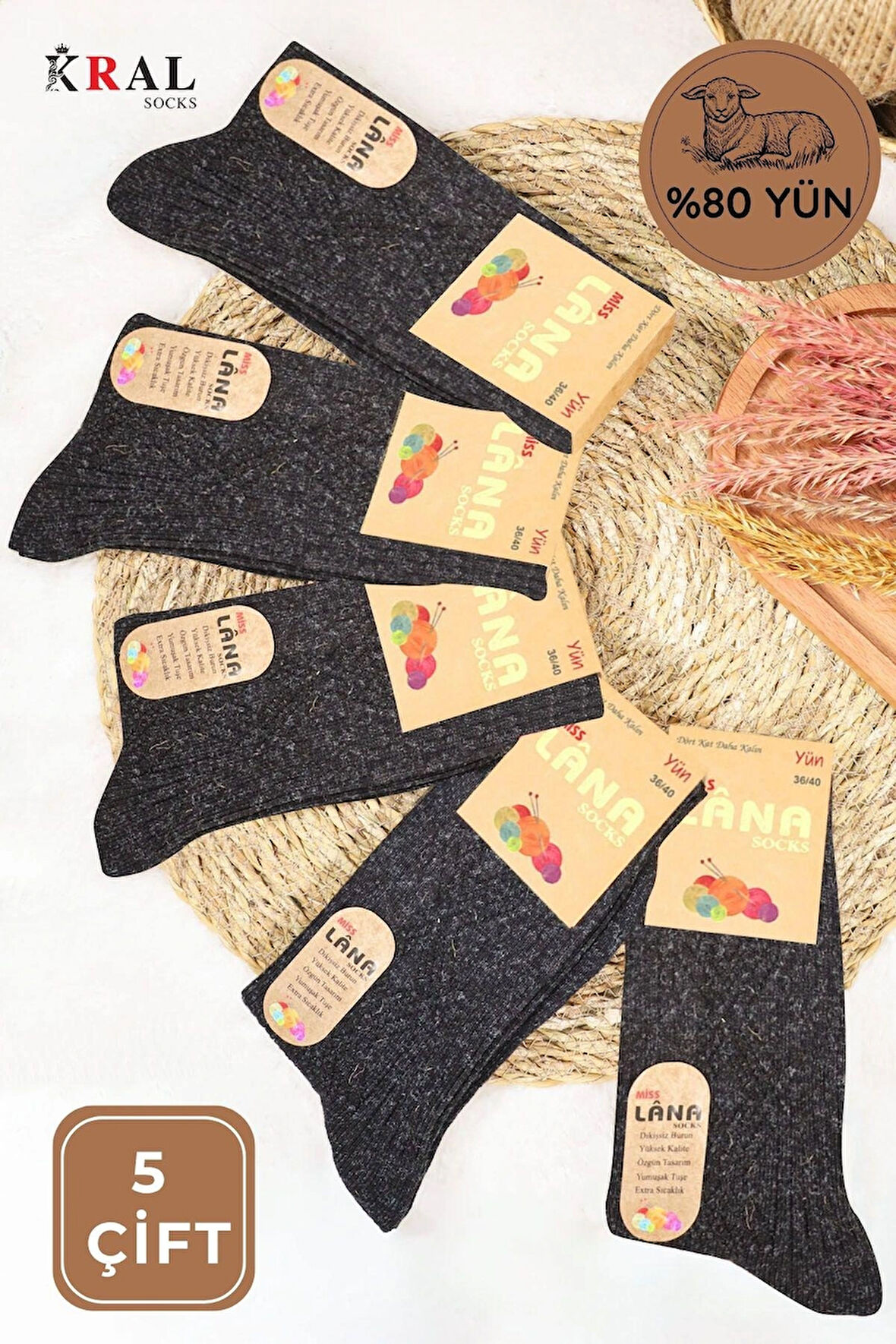Kışlık Yün Çorap (5 ÇİFT ) Lambswool Özel Kuzu Yünlü Kadınlar Için Termal Özellikli