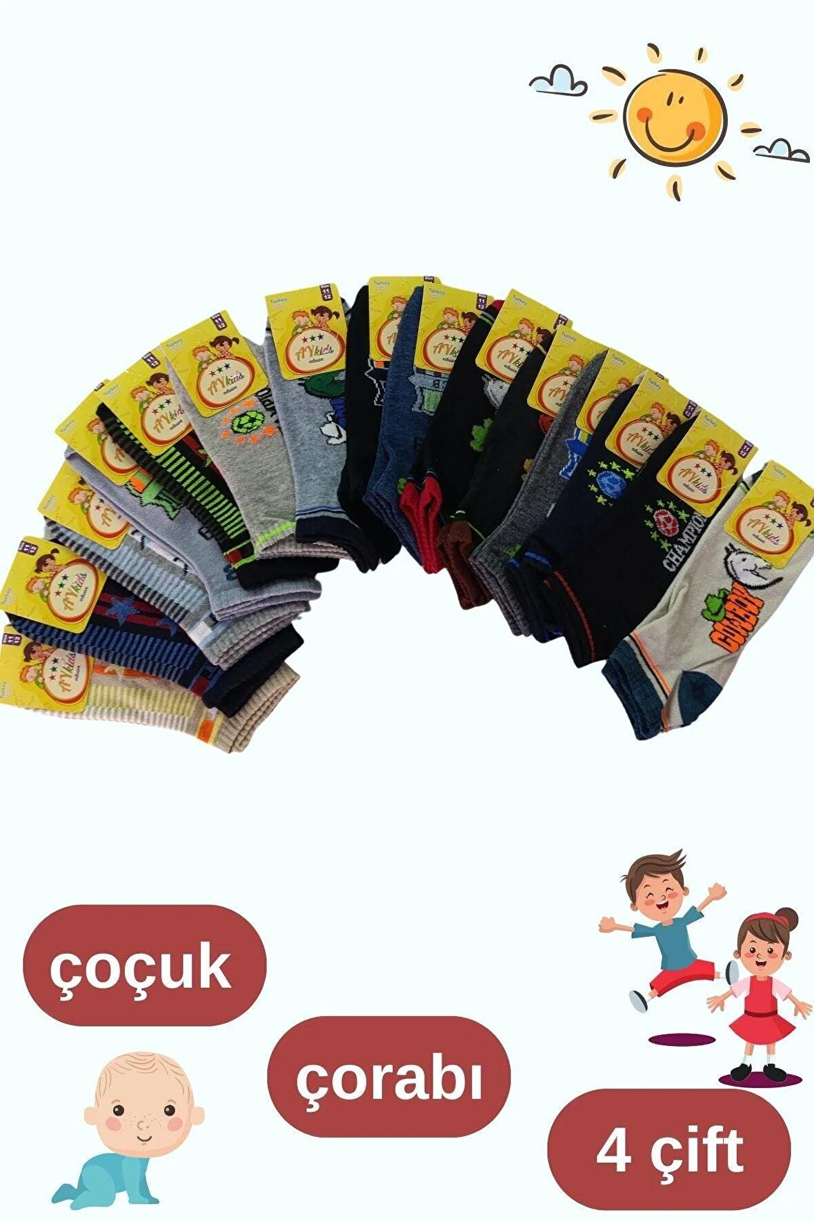 Kız - Erkek Çorap Tenis Model Pamuklu Terletmez (4 ÇİFT) Öğrenci Okul Çocuk Çorabı