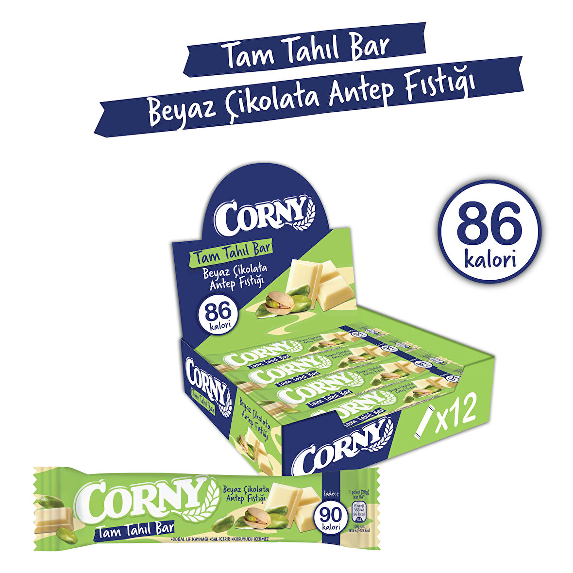 CORNY Tam Tahıl Bar Beyaz Çikolata Antep Fıstığı 20g x 12 Adet